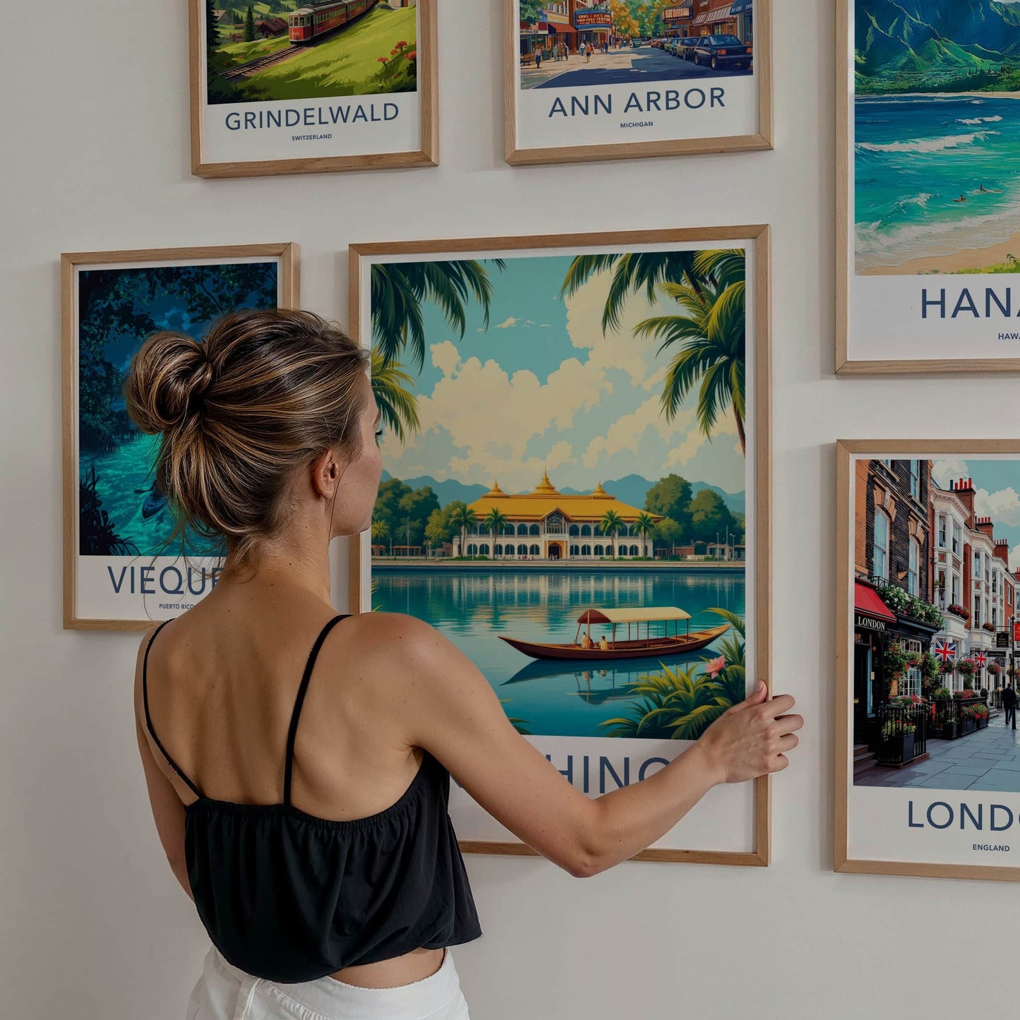Kuching Poster - Malaysia Travel Art - Golden Roof Boat Home Decor