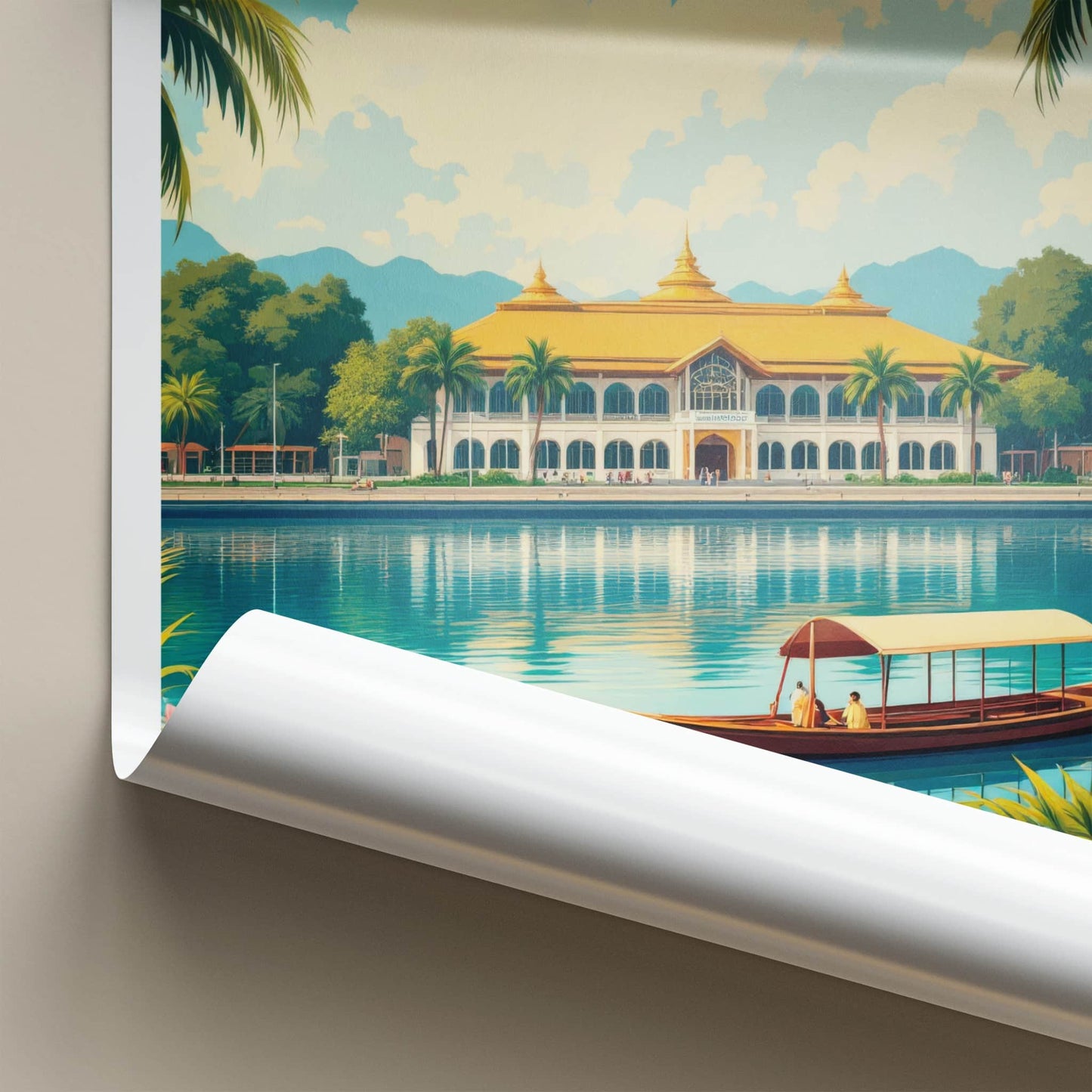 Kuching Poster - Malaysia Travel Art - Golden Roof Boat Home Decor