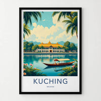 Kuching Poster - Malaysia Travel Art - Golden Roof Boat Home Decor
