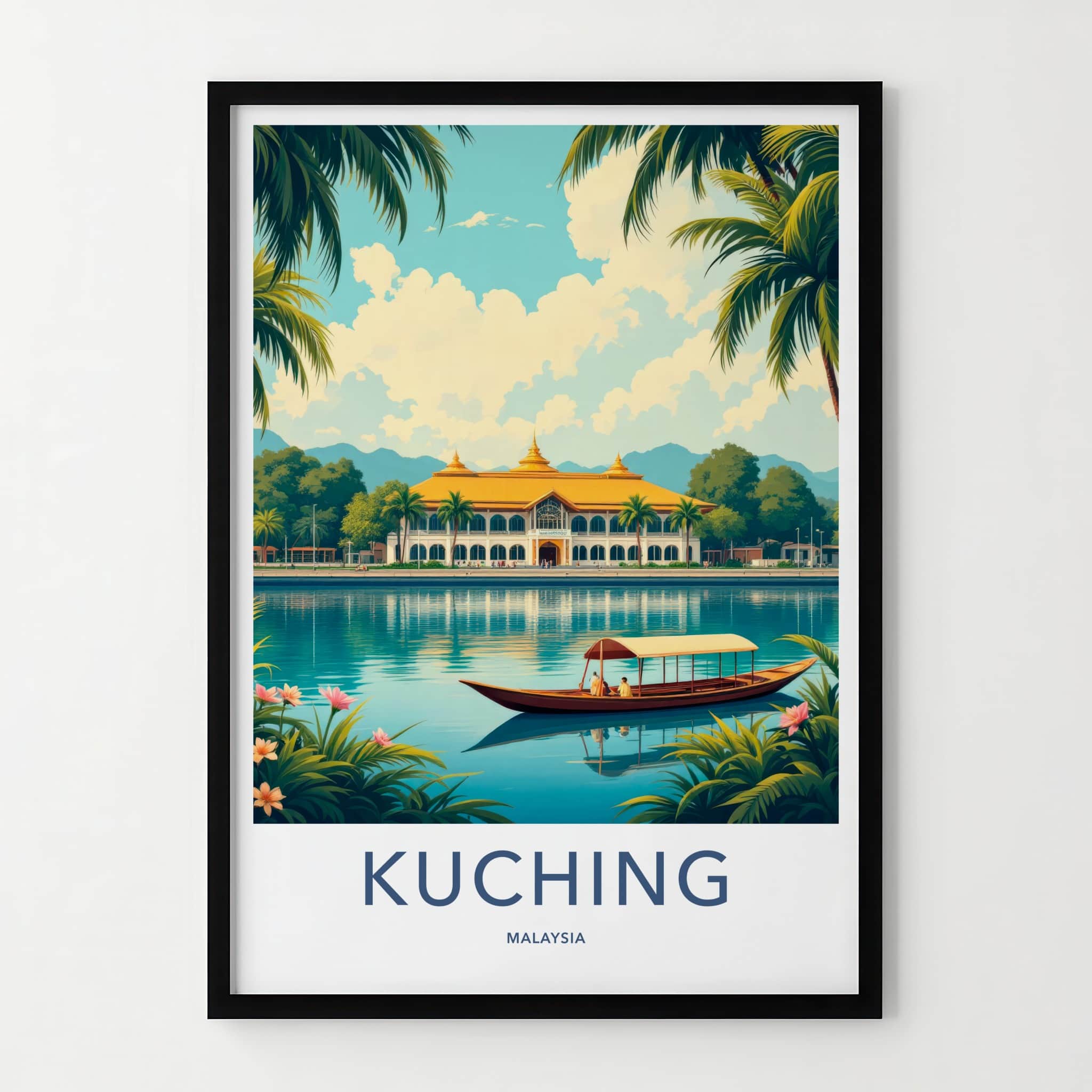Kuching Poster - Malaysia Travel Art - Golden Roof Boat Home Decor