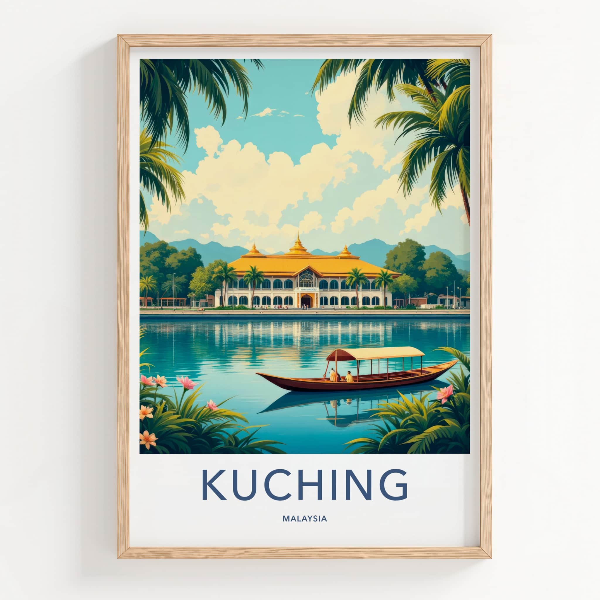 Kuching Poster - Malaysia Travel Art - Golden Roof Boat Home Decor