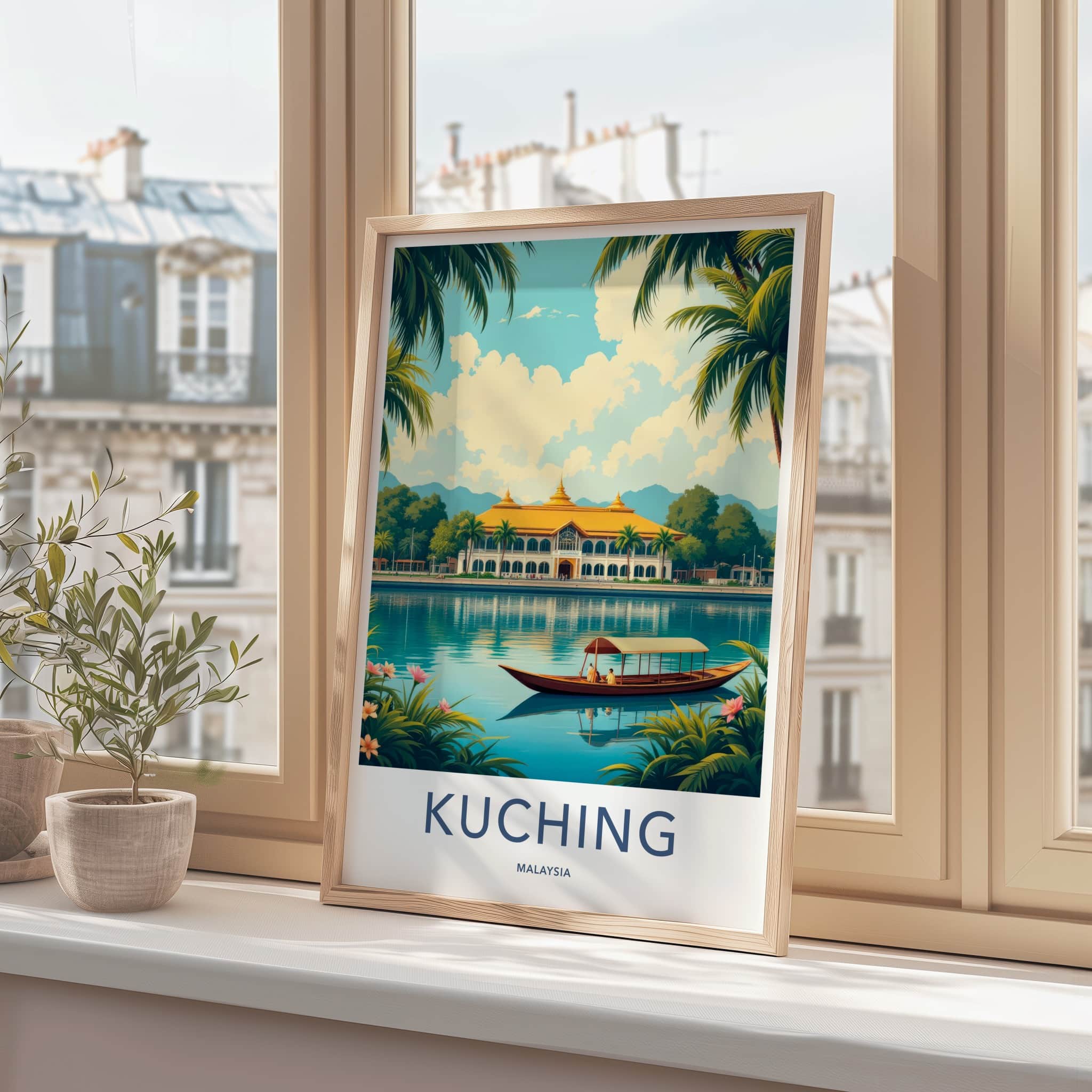 Kuching Poster - Malaysia Travel Art - Golden Roof Boat Home Decor