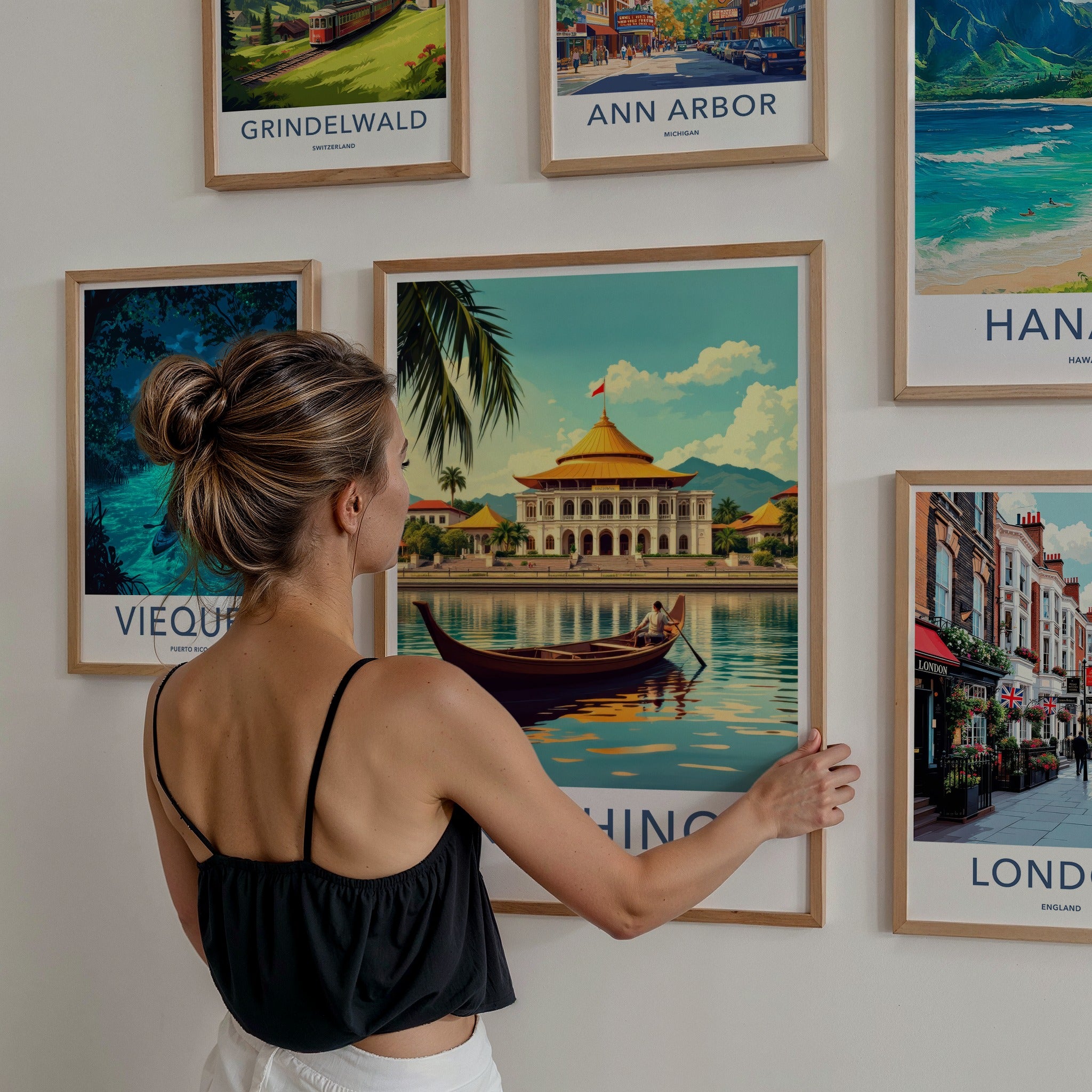 Kuching Poster - Malaysia Travel Art - River Boat Building Wall Decor