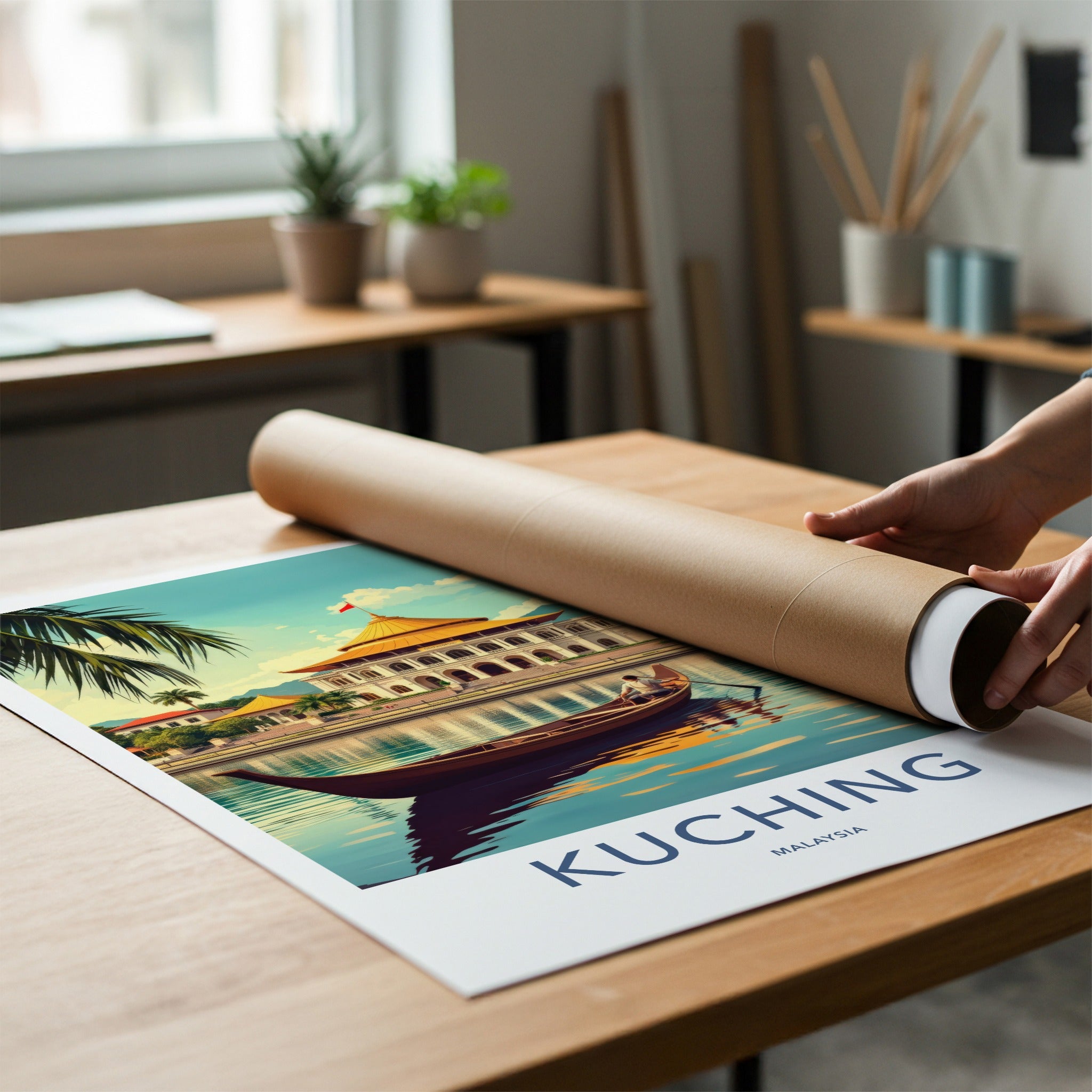 Kuching Poster - Malaysia Travel Art - River Boat Building Wall Decor