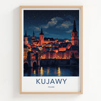Kujawy Poster - Poland Travel Art - Illuminated Cityscape River Home Decor