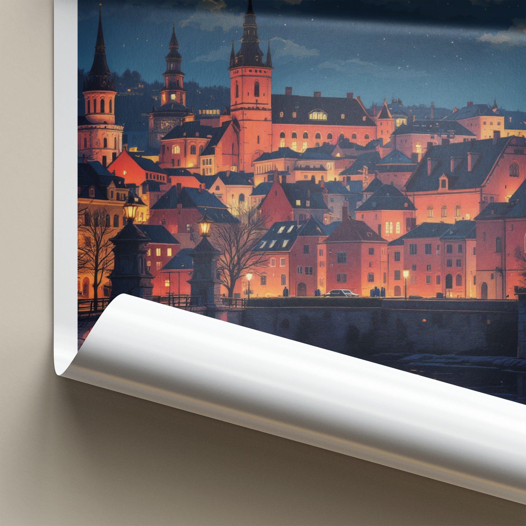 Kujawy Poster - Poland Travel Art - Illuminated Cityscape River Home Decor