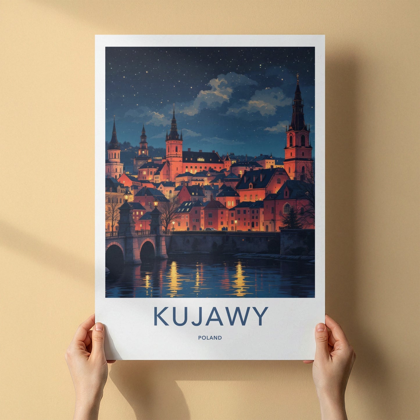 Kujawy Poster - Poland Travel Art - Illuminated Cityscape River Home Decor