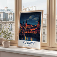 Kujawy Poster - Poland Travel Art - Illuminated Cityscape River Home Decor