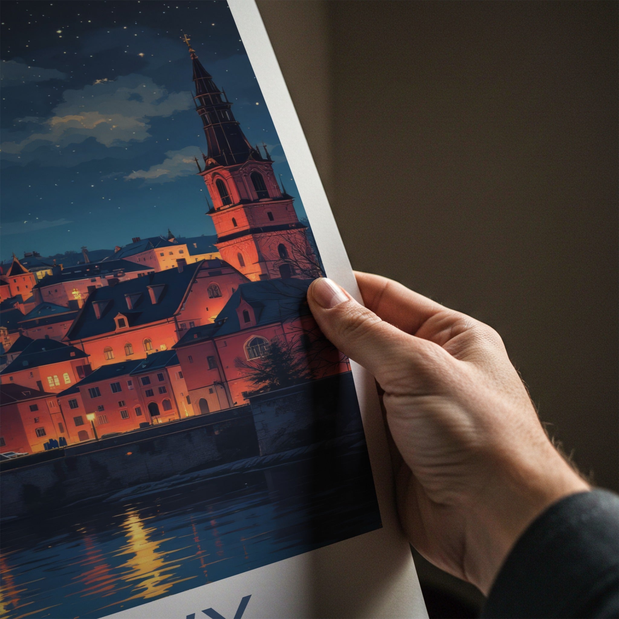 Kujawy Poster - Poland Travel Art - Illuminated Cityscape River Home Decor