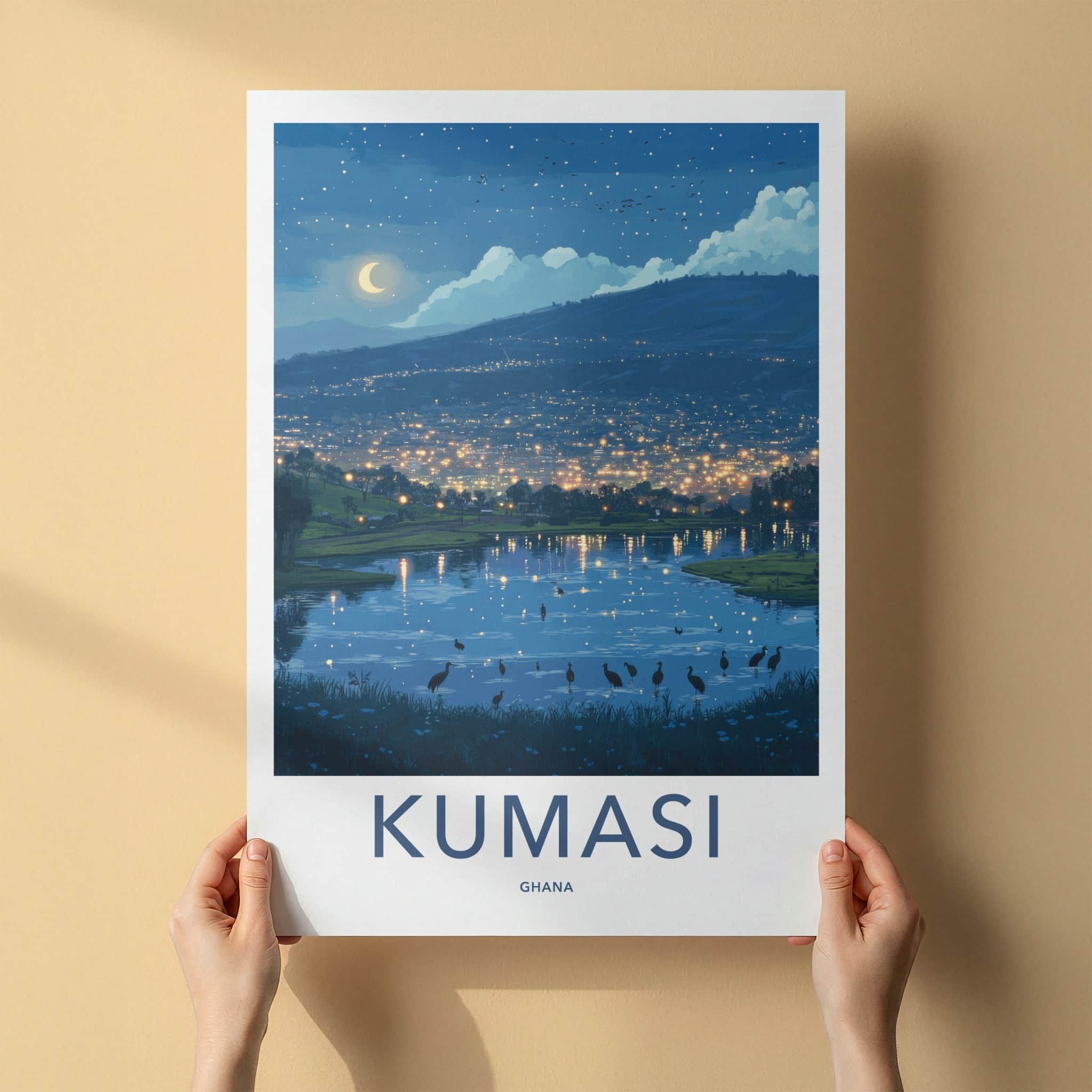 Kumasi Poster - Ghana Travel Art - Moonlit city reflections Home Decor