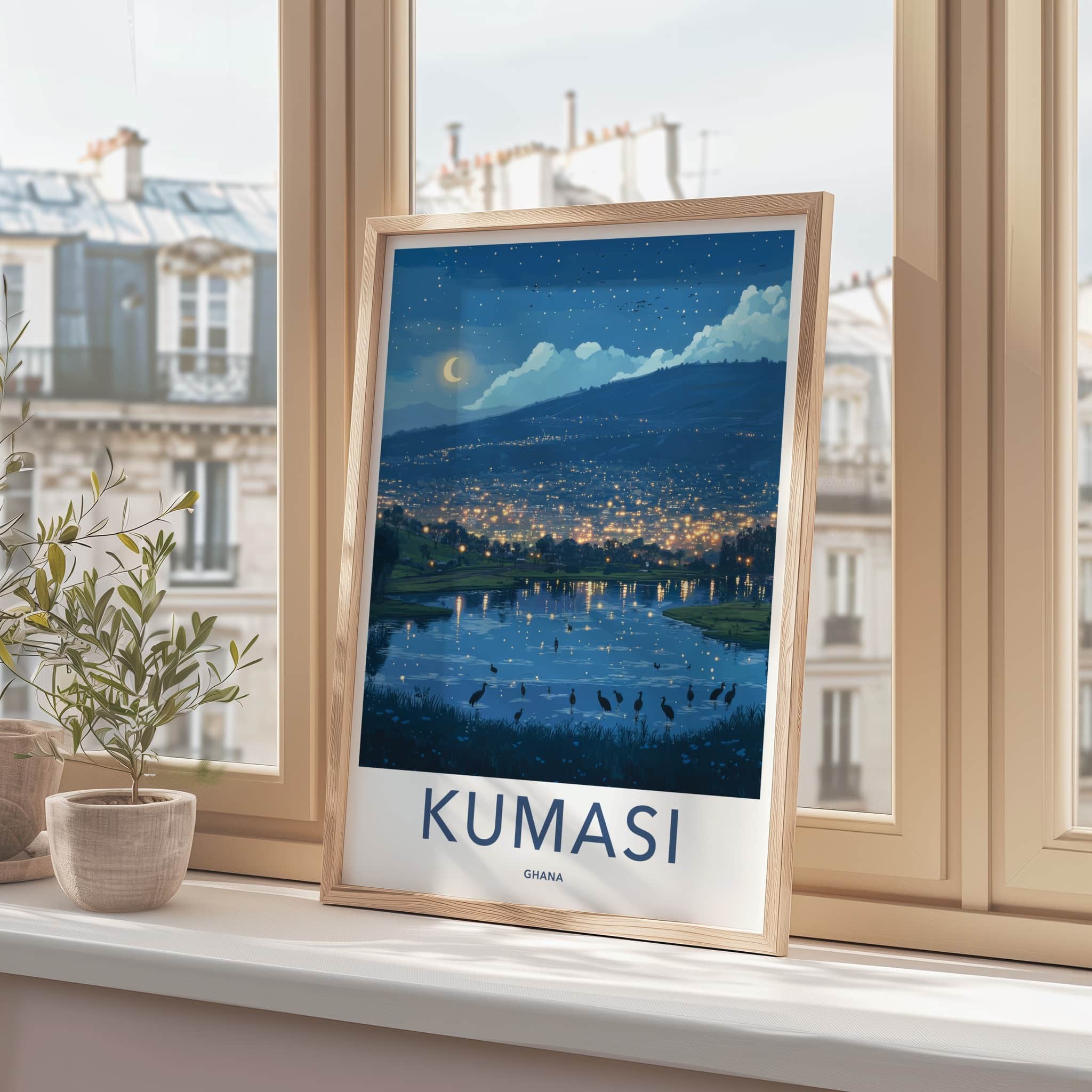 Kumasi Poster - Ghana Travel Art - Moonlit city reflections Home Decor