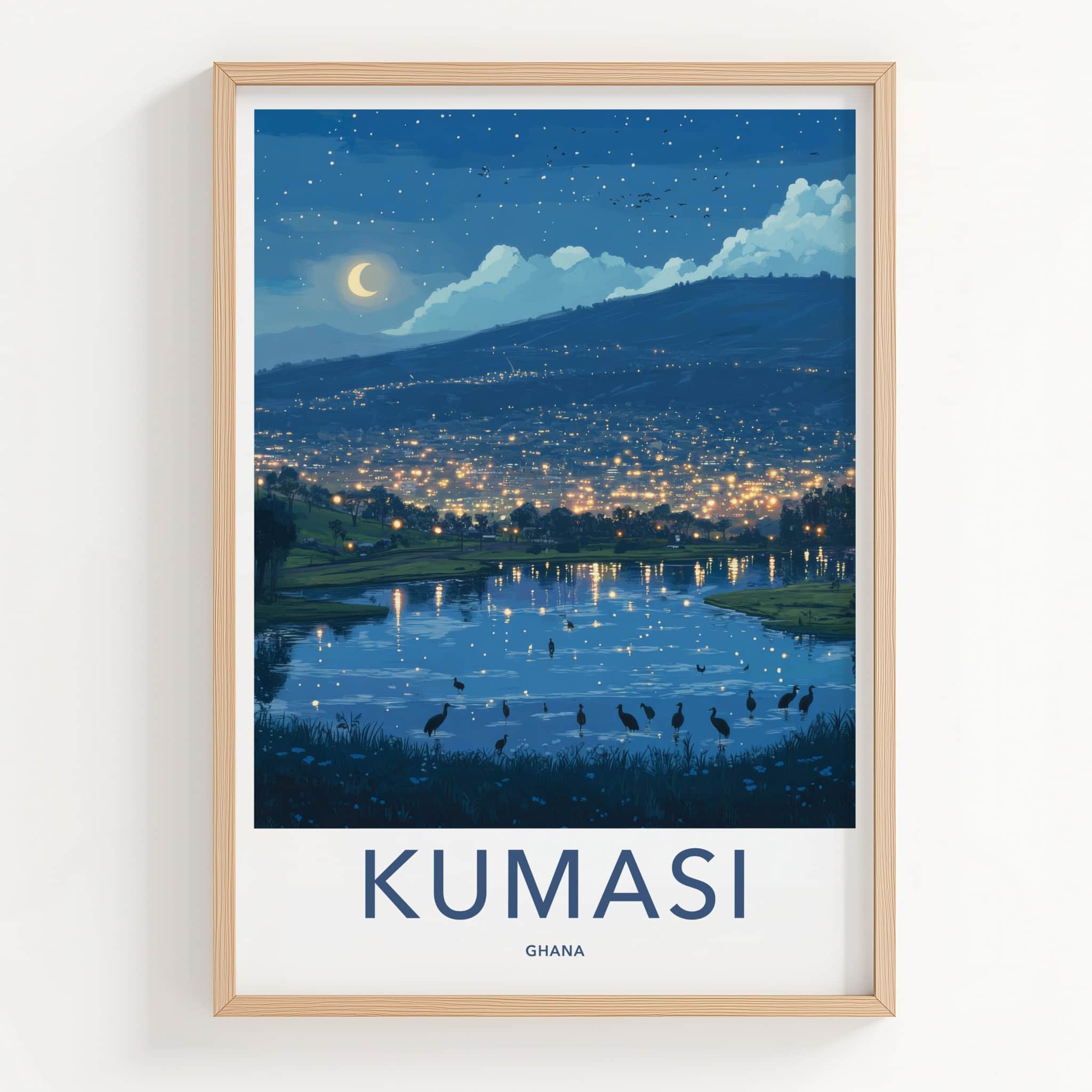 Kumasi Poster - Ghana Travel Art - Moonlit city reflections Home Decor