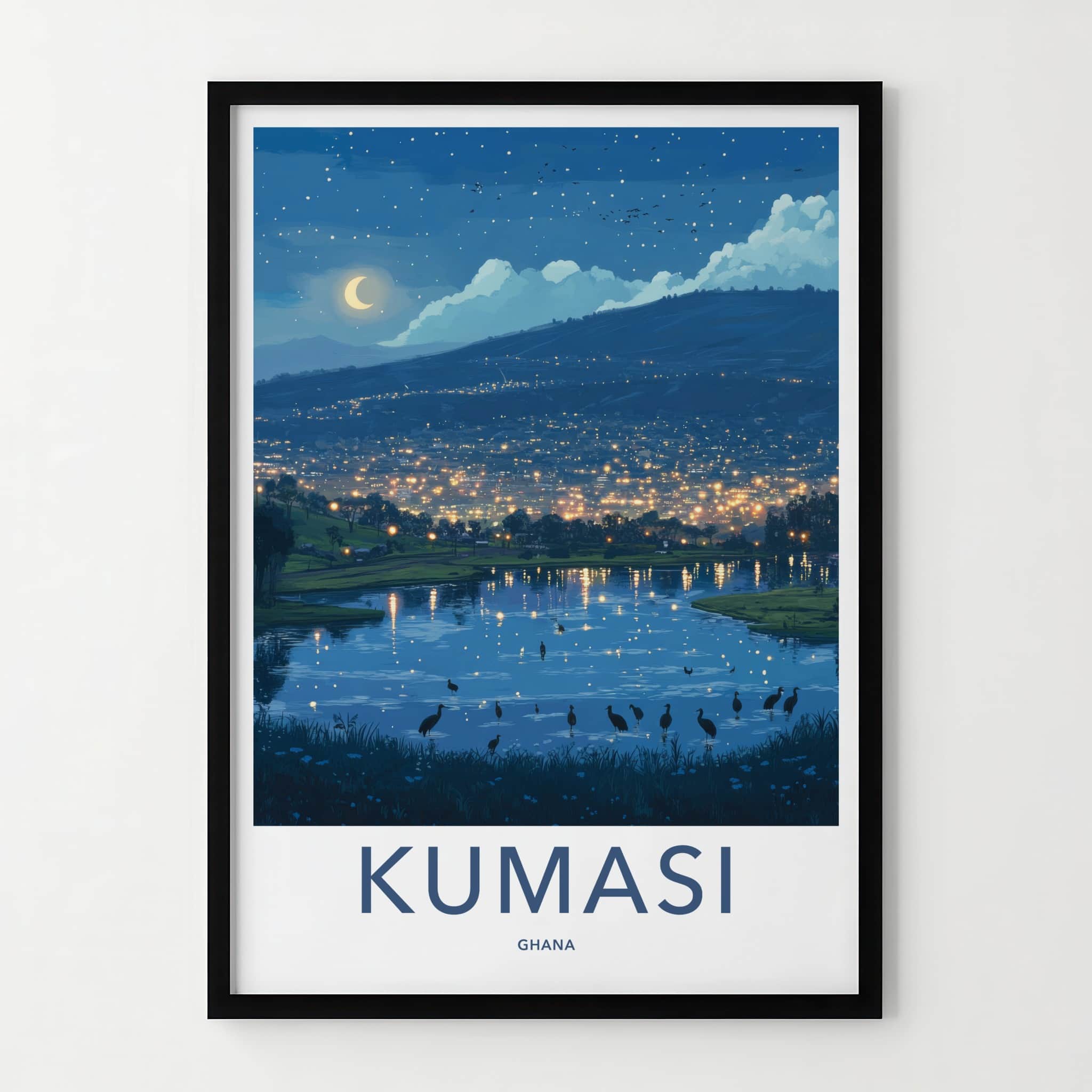 Kumasi Poster - Ghana Travel Art - Moonlit city reflections Home Decor