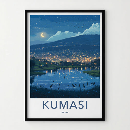 Kumasi Poster - Ghana Travel Art - Moonlit city reflections Home Decor