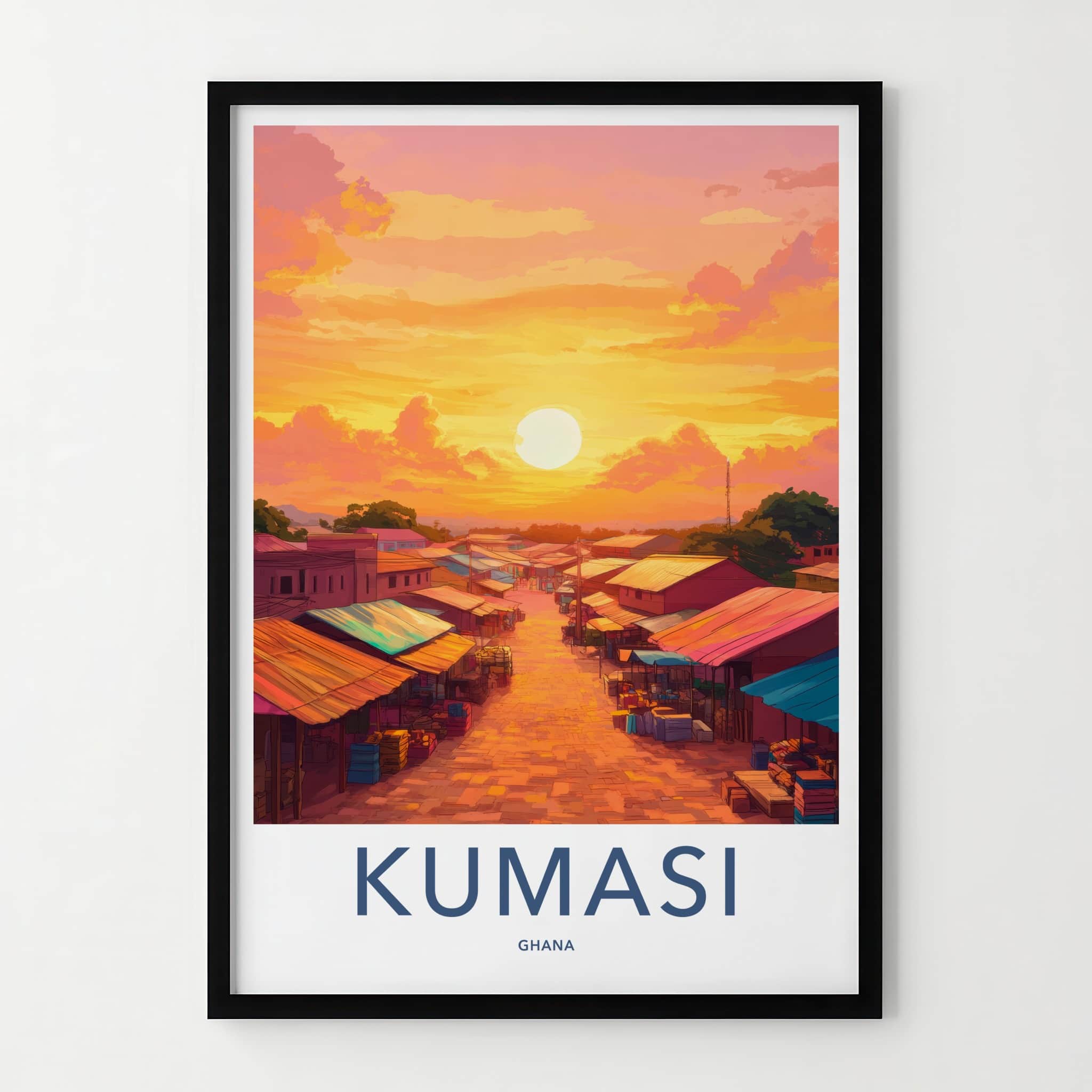 Kumasi Poster - Ghana Travel Print - Vibrant Market Sunset Framed Decor