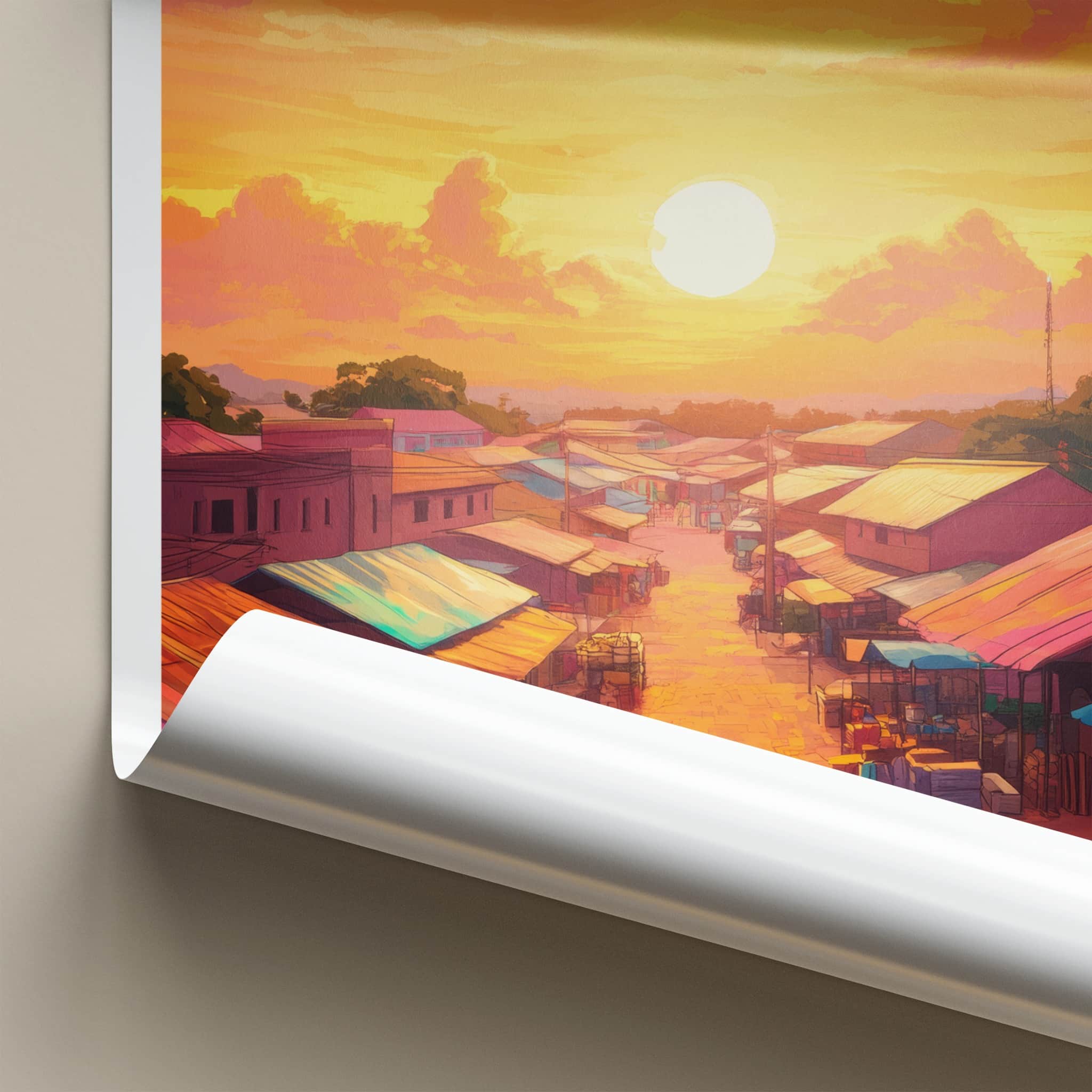 Kumasi Poster - Ghana Travel Print - Vibrant Market Sunset Framed Decor