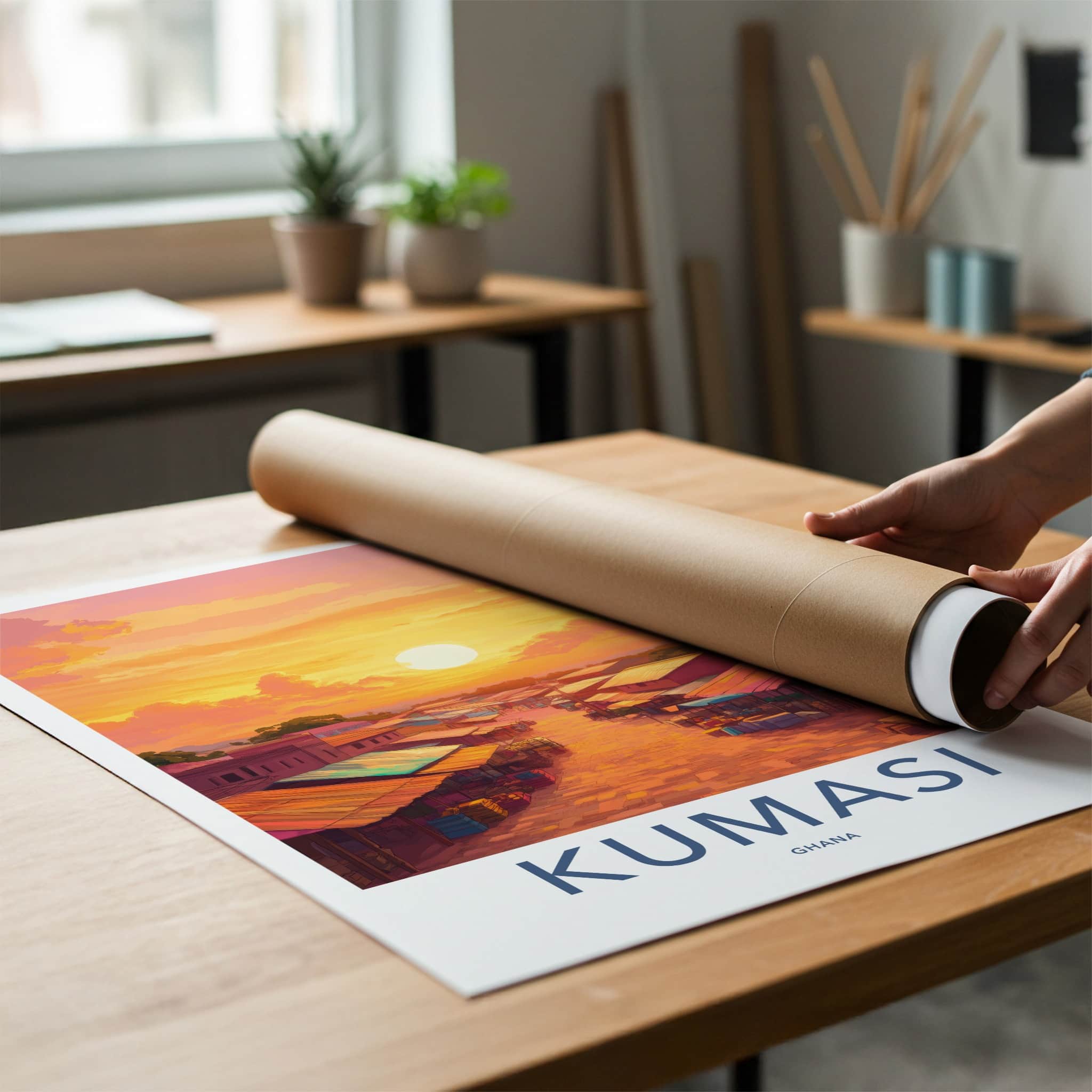 Kumasi Poster - Ghana Travel Print - Vibrant Market Sunset Framed Decor