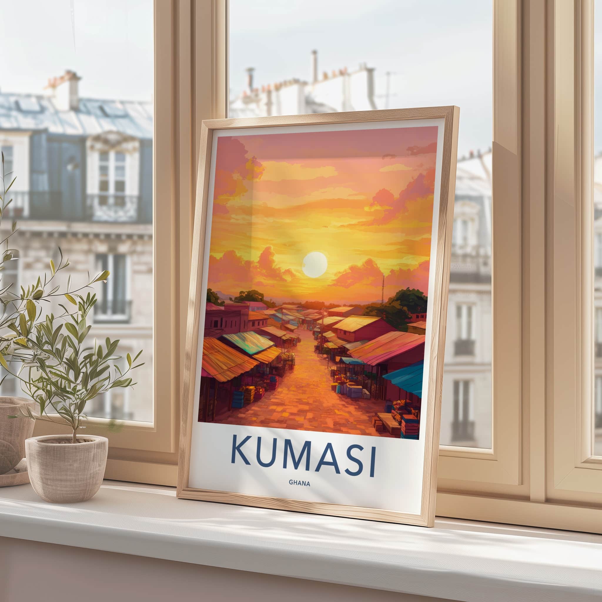 Kumasi Poster - Ghana Travel Print - Vibrant Market Sunset Framed Decor