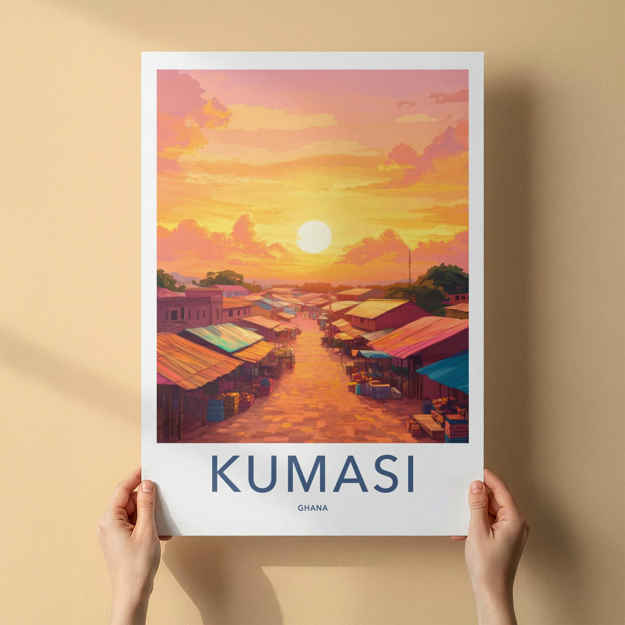 Kumasi Poster - Ghana Travel Print - Vibrant Market Sunset Framed Decor