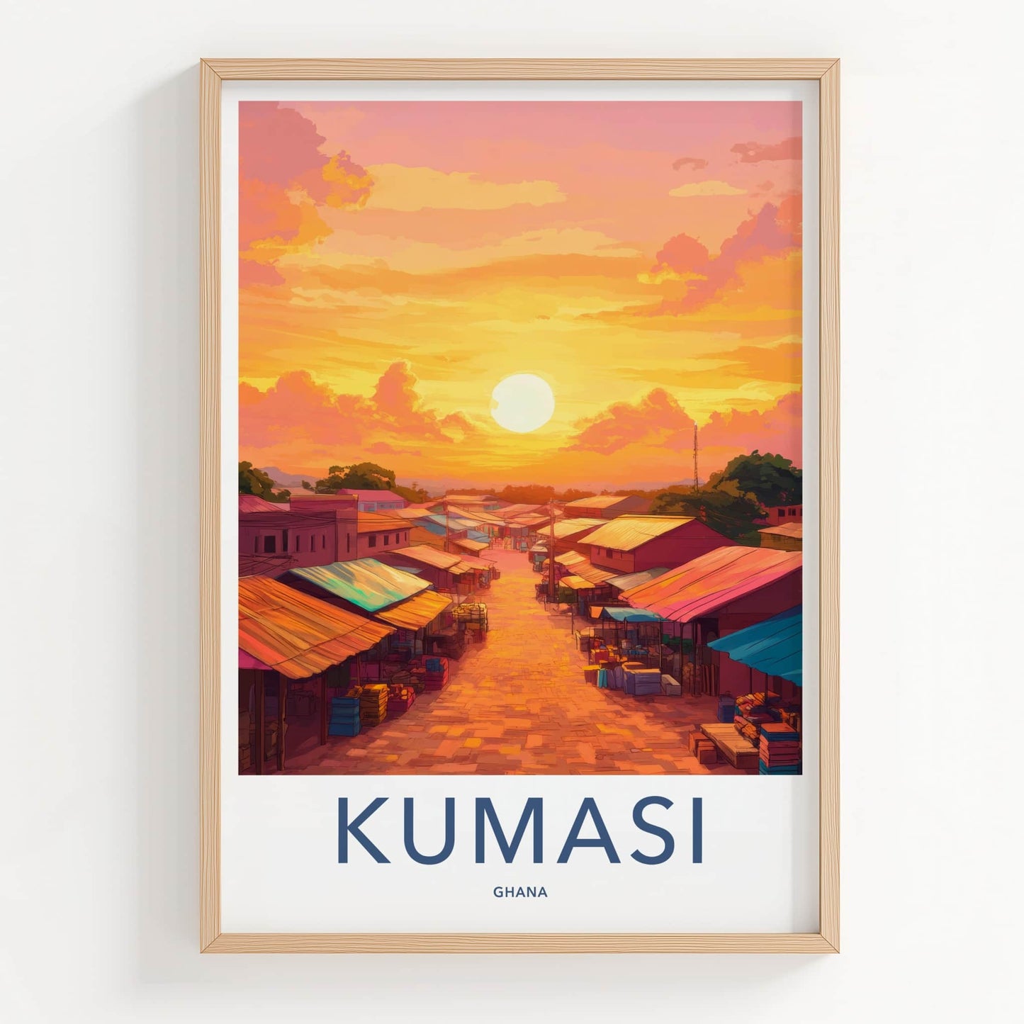 Kumasi Poster - Ghana Travel Print - Vibrant Market Sunset Framed Decor