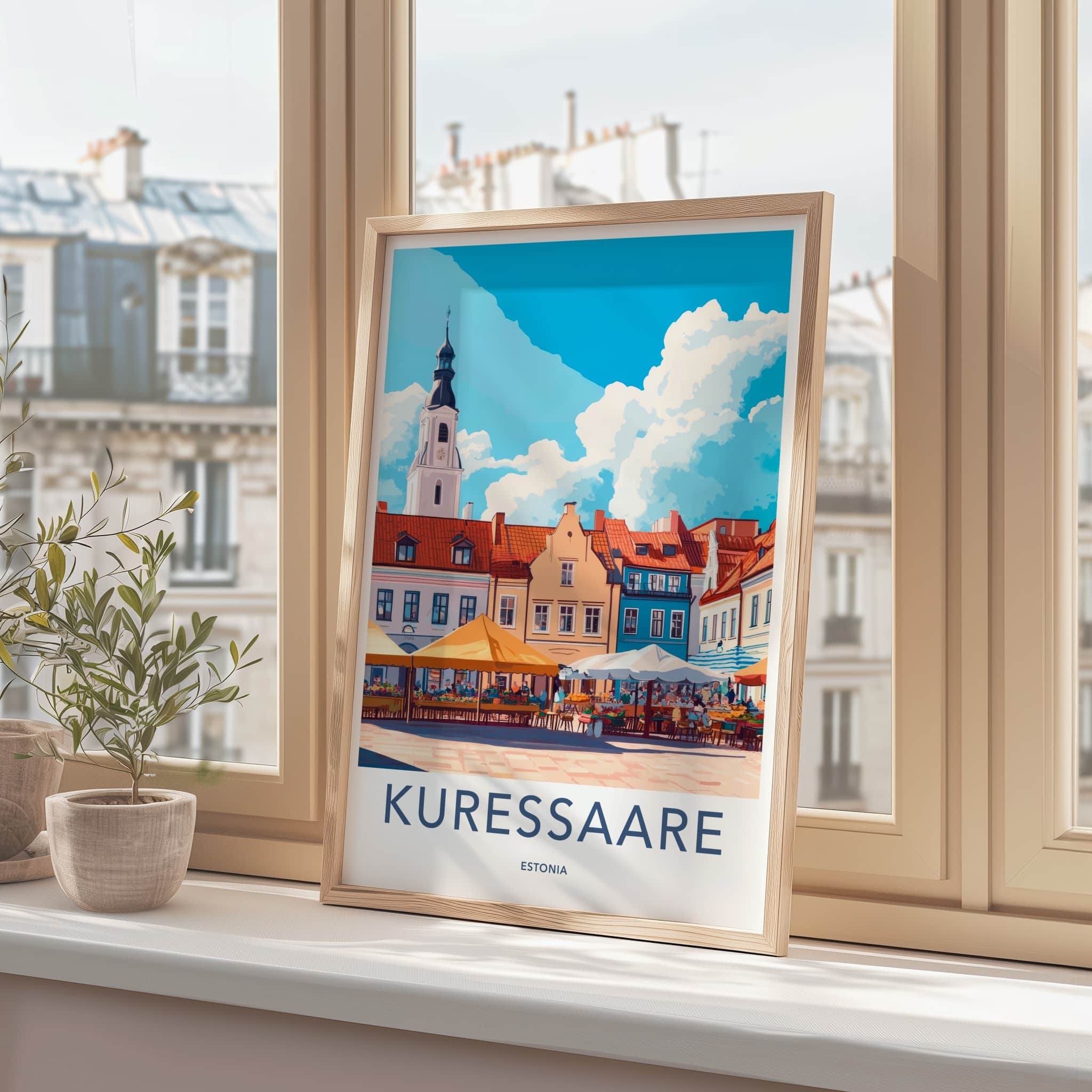 Kuressaare Poster - Estonia Travel Art - Colorful Market Scene Home Decor