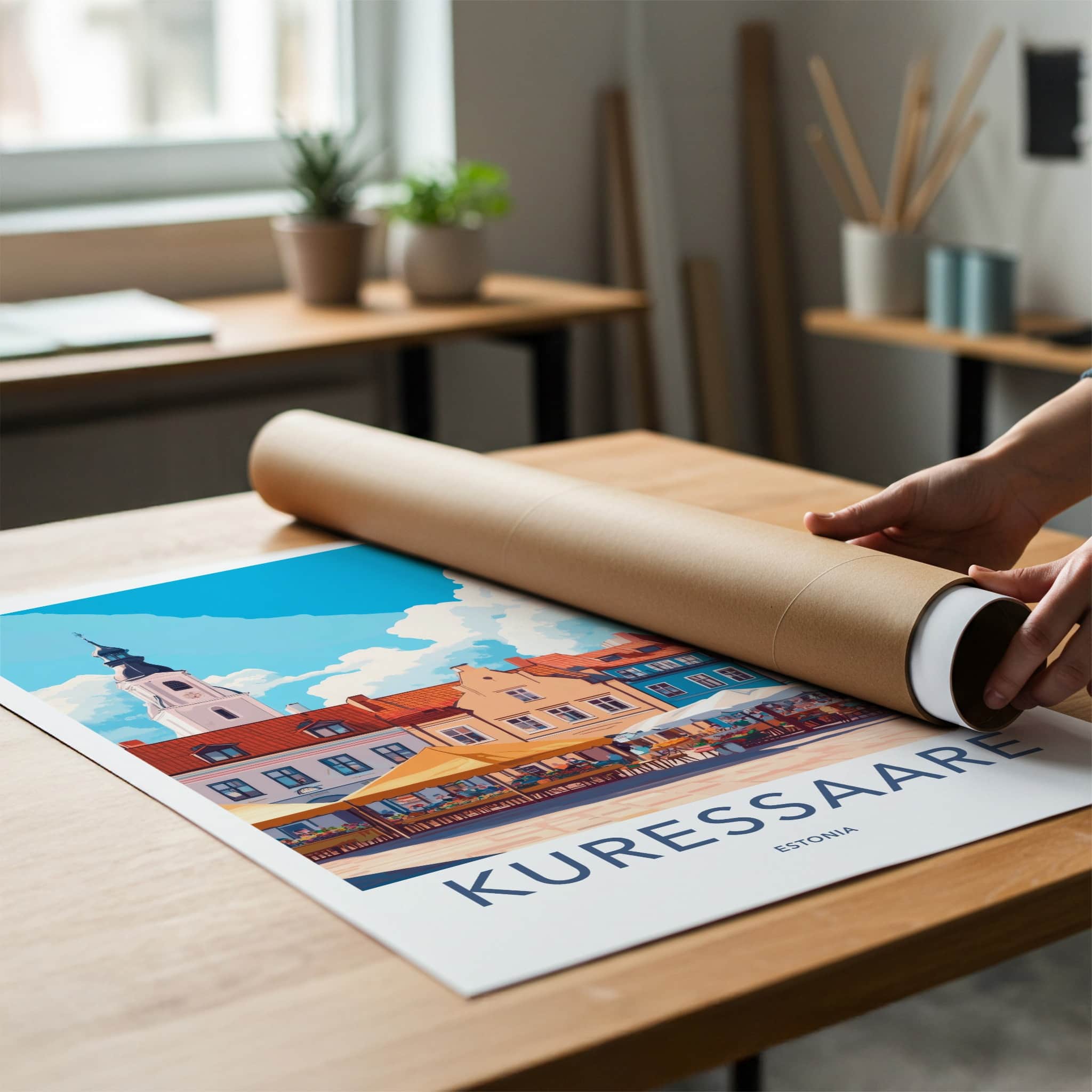 Kuressaare Poster - Estonia Travel Art - Colorful Market Scene Home Decor