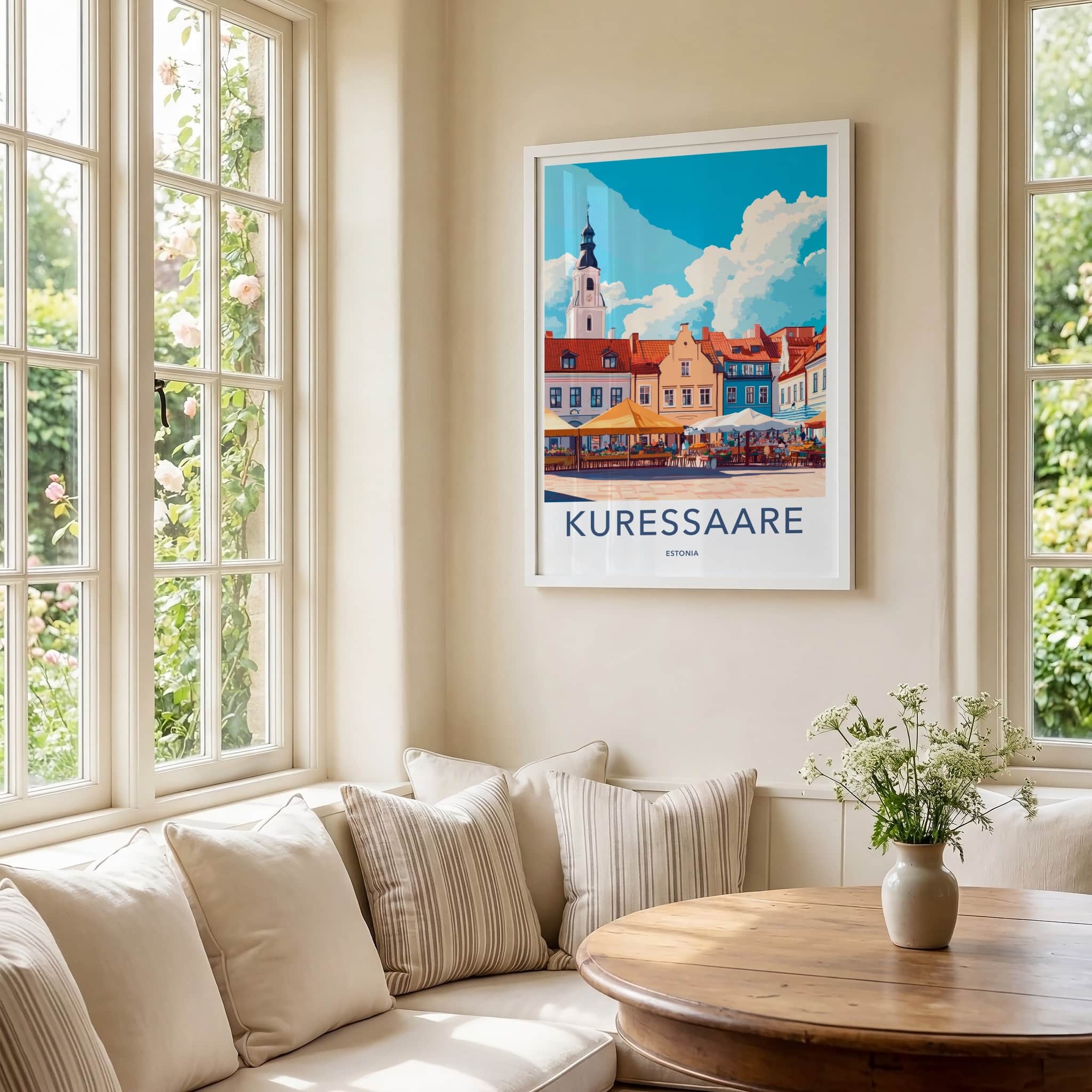 Kuressaare Poster - Estonia Travel Art - Colorful Market Scene Home Decor