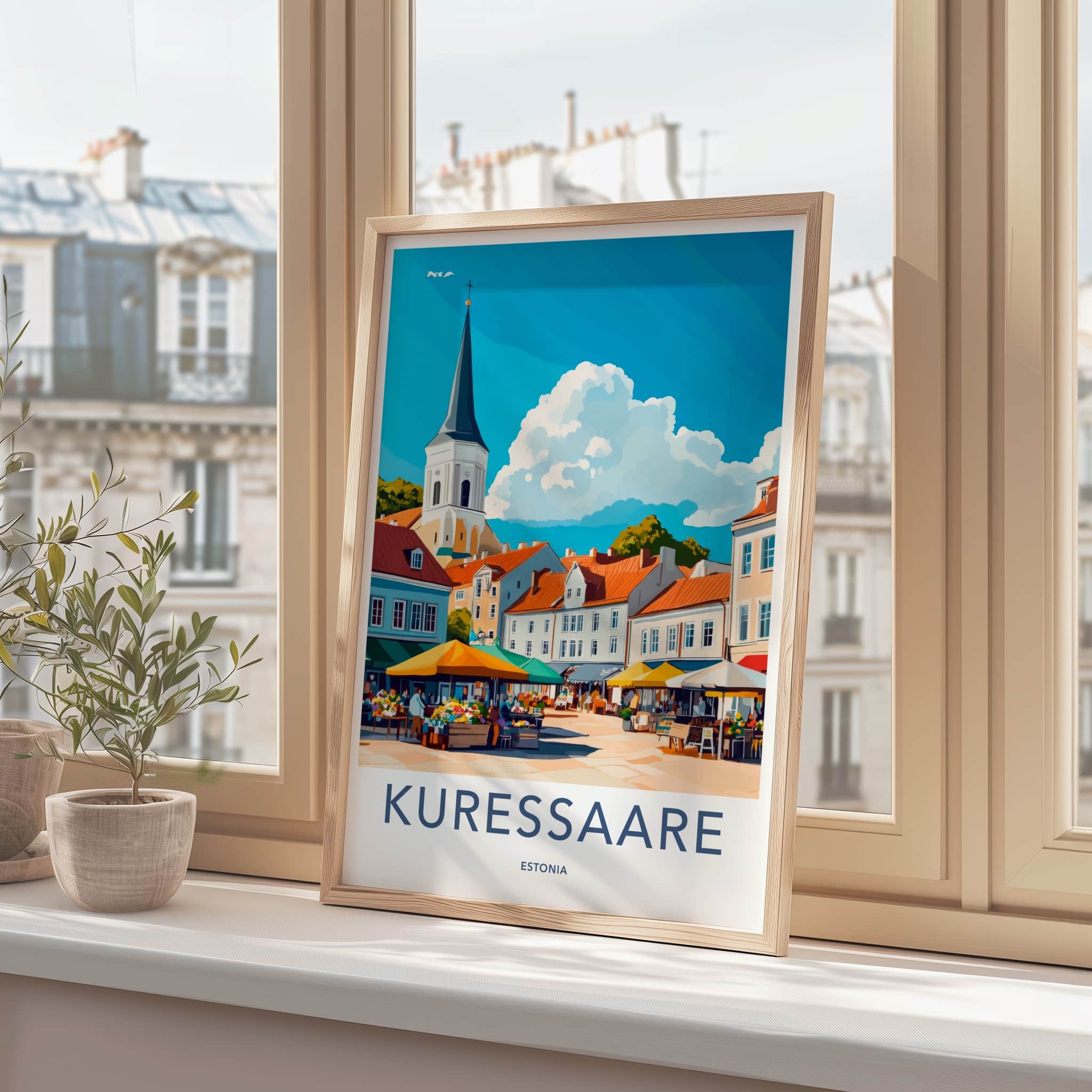 Kuressaare Poster - Estonia Travel Art - Lively town market Home Decor