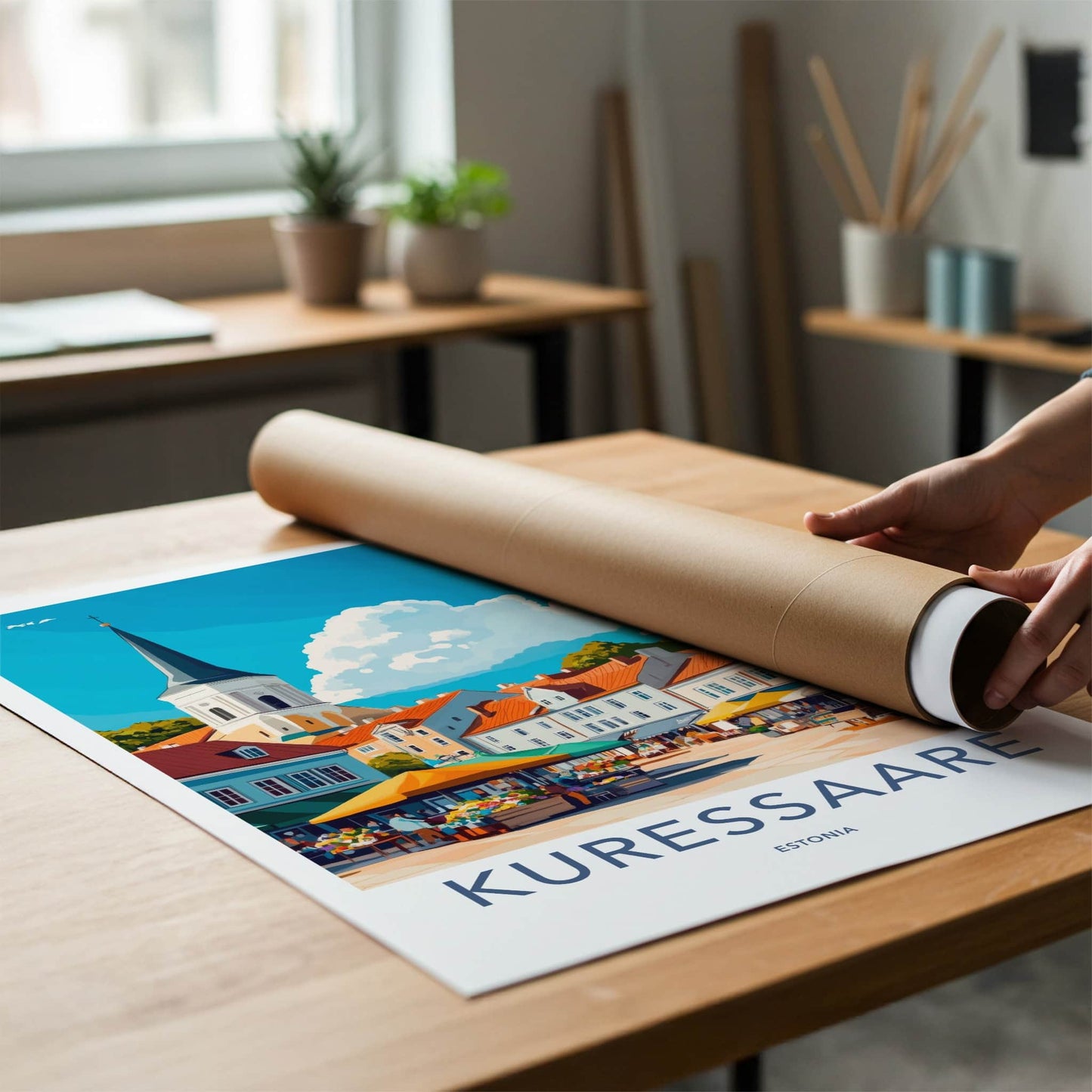 Kuressaare Poster - Estonia Travel Art - Lively town market Home Decor