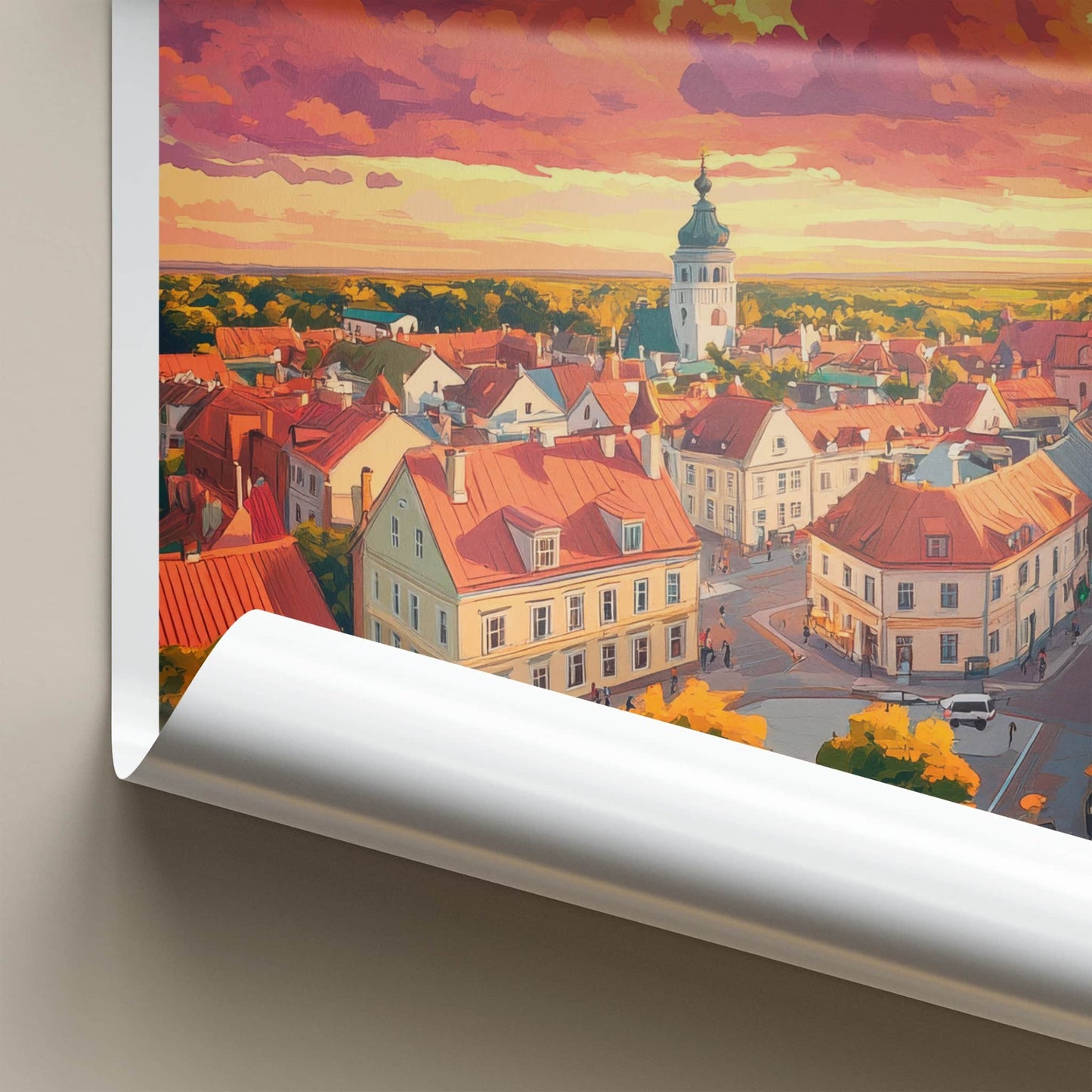 Kuressaare Poster - Estonia Travel Art - Vibrant Rooftop Sunset Home Decor