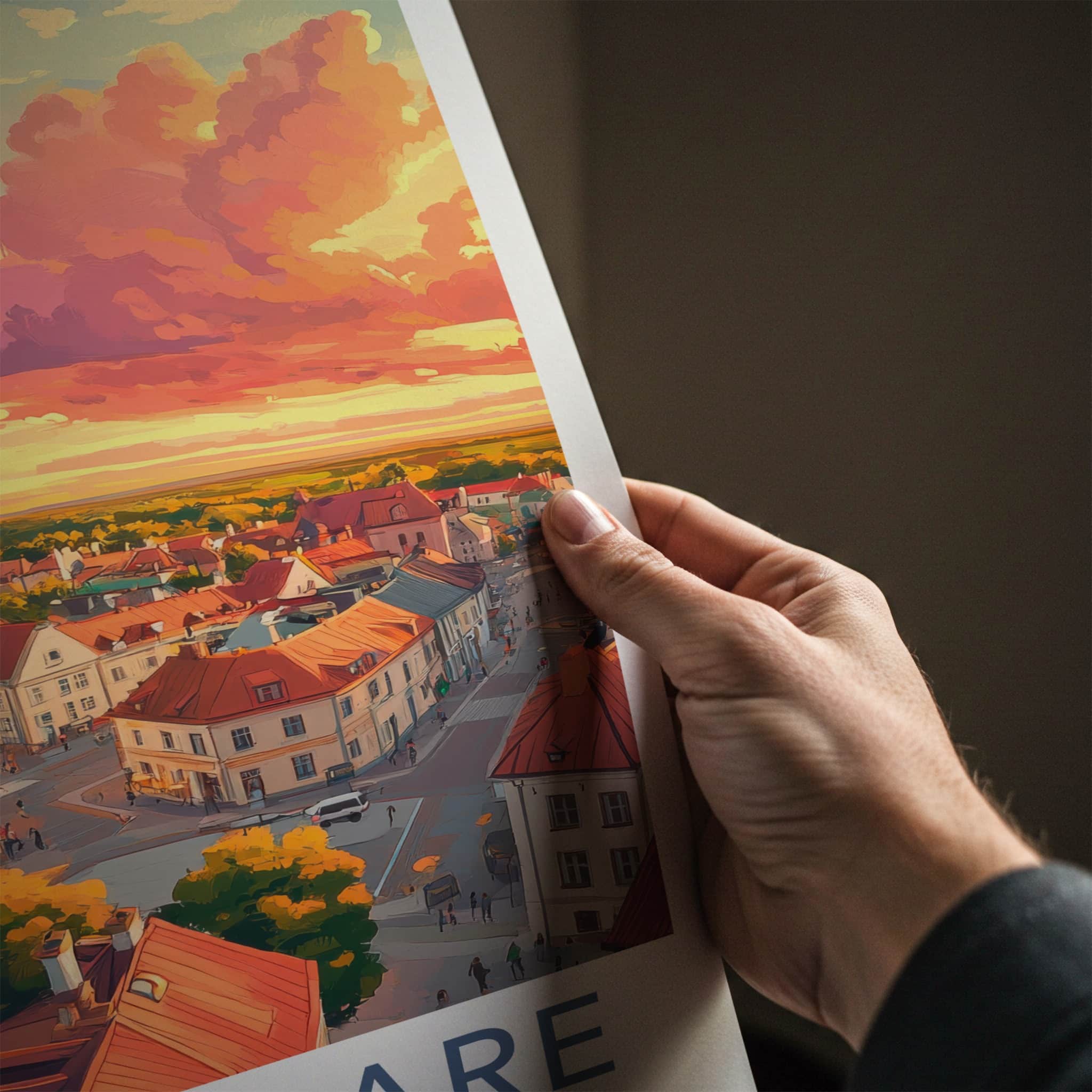 Kuressaare Poster - Estonia Travel Art - Vibrant Rooftop Sunset Home Decor