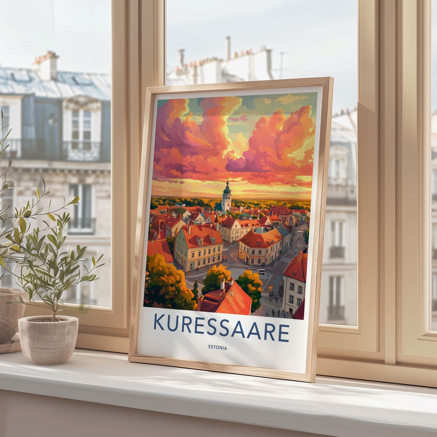 Kuressaare Poster - Estonia Travel Art - Vibrant Rooftop Sunset Home Decor