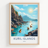 Kuril Islands Poster - Russia Wall Art - Swimming Otters Rocky Shore Gift