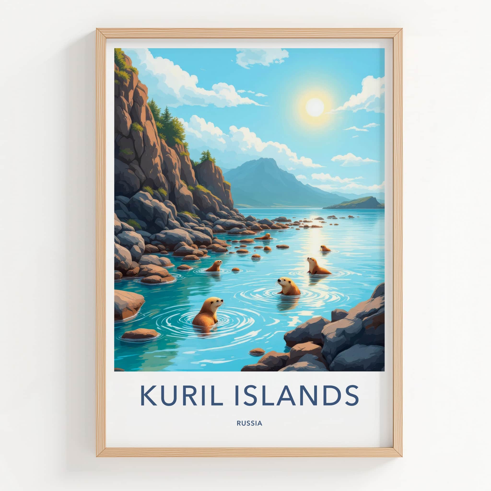 Kuril Islands Poster - Russia Wall Art - Swimming Otters Rocky Shore Gift