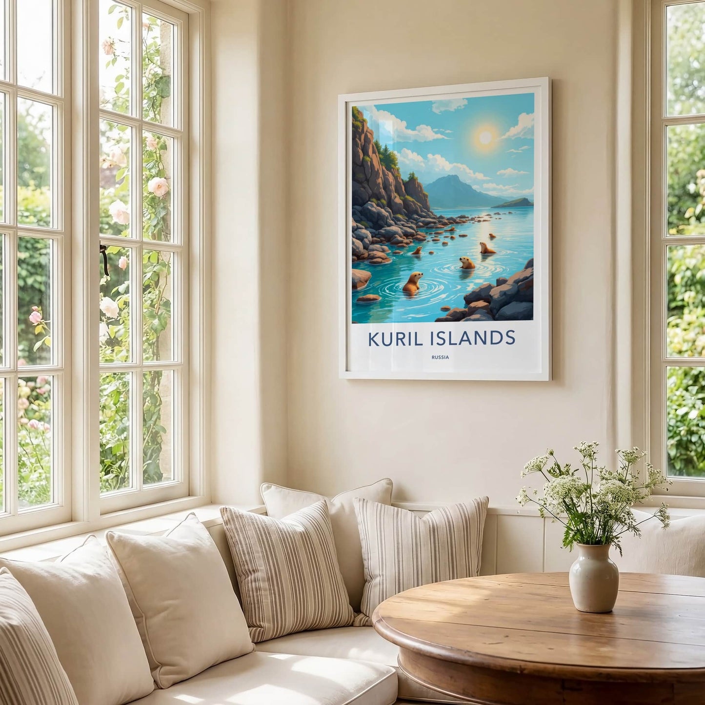 Kuril Islands Poster - Russia Wall Art - Swimming Otters Rocky Shore Gift