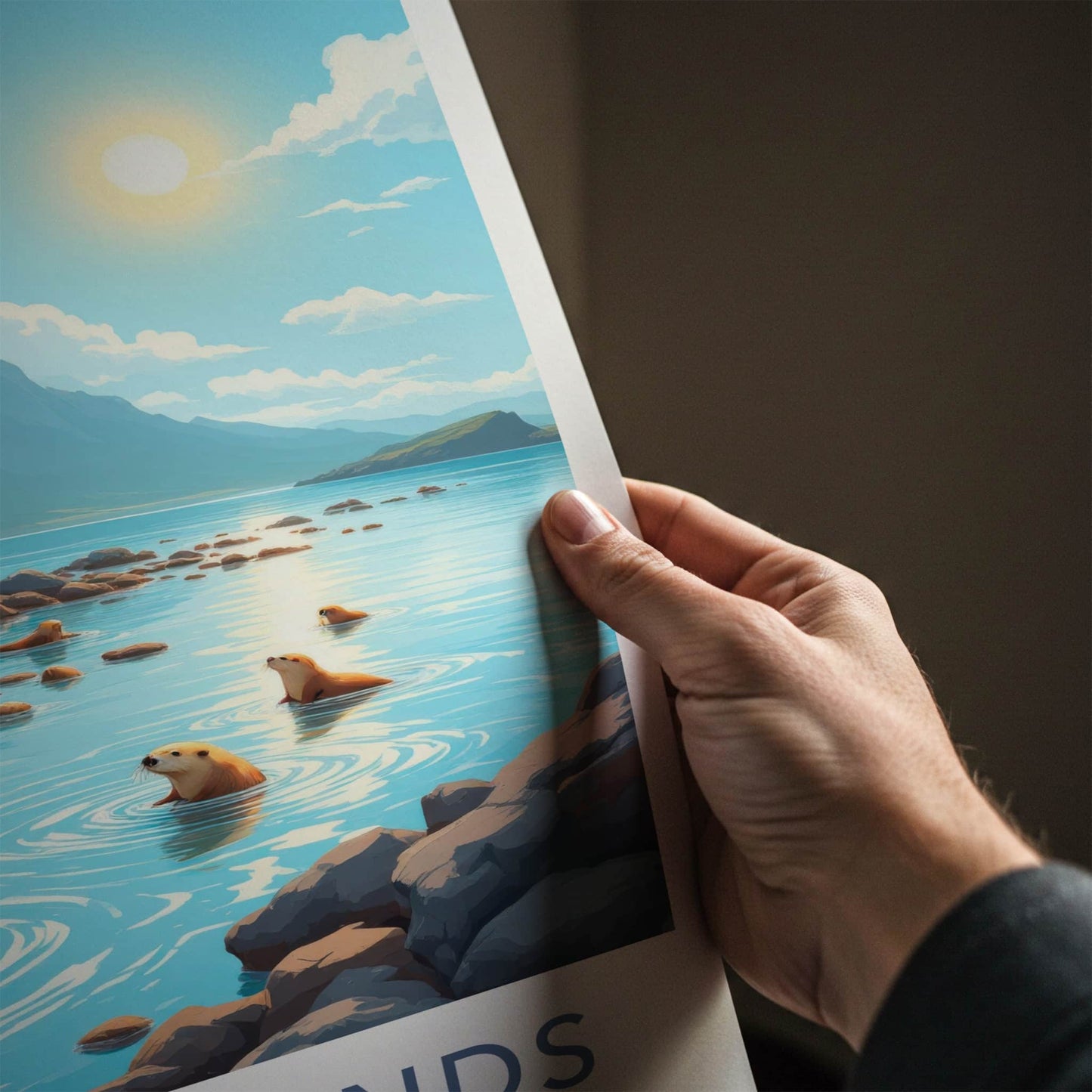 Kuril Islands Poster - Russia Wall Art - Swimming Otters Rocky Shore Gift