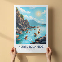 Kuril Islands Poster - Russia Wall Art - Swimming Otters Rocky Shore Gift