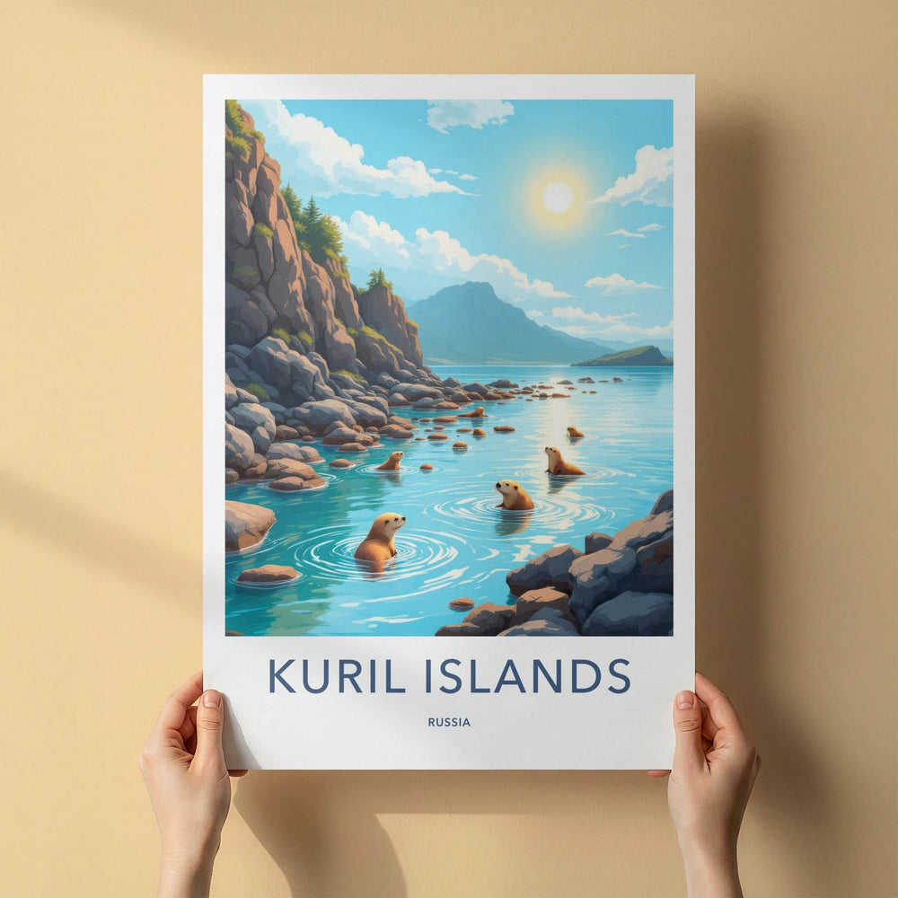 Kuril Islands Poster - Russia Wall Art - Swimming Otters Rocky Shore Gift