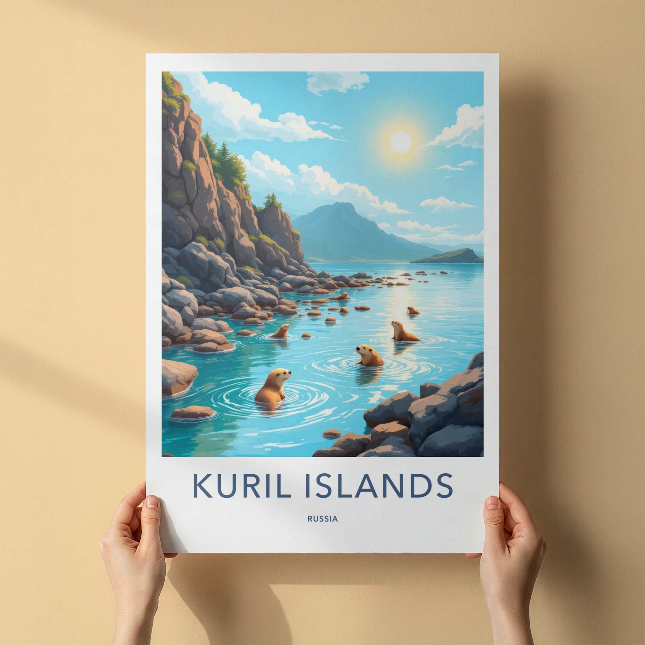 Kuril Islands Poster - Russia Wall Art - Swimming Otters Rocky Shore Gift