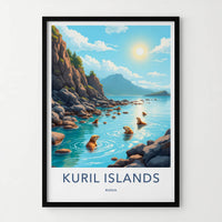 Kuril Islands Poster - Russia Wall Art - Swimming Otters Rocky Shore Gift