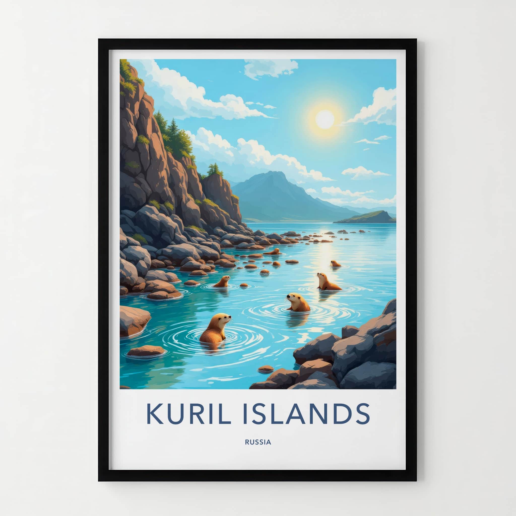 Kuril Islands Poster - Russia Wall Art - Swimming Otters Rocky Shore Gift