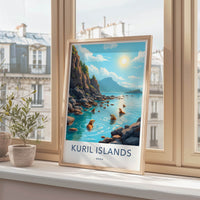 Kuril Islands Poster - Russia Wall Art - Swimming Otters Rocky Shore Gift
