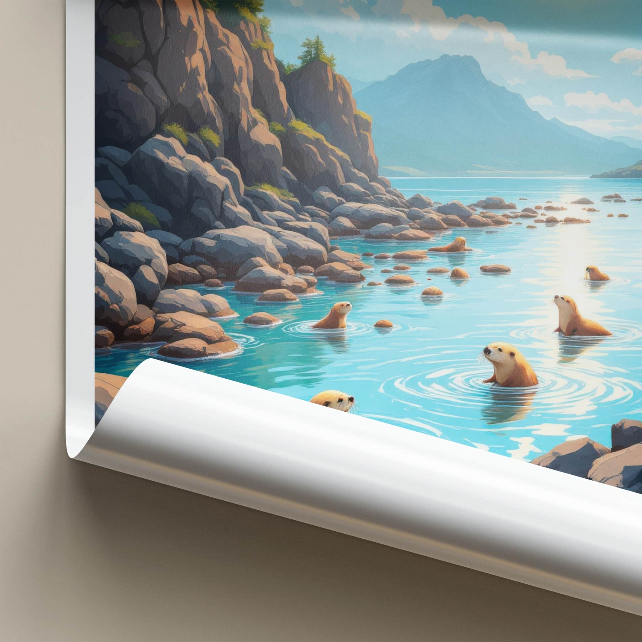 Kuril Islands Poster - Russia Wall Art - Swimming Otters Rocky Shore Gift