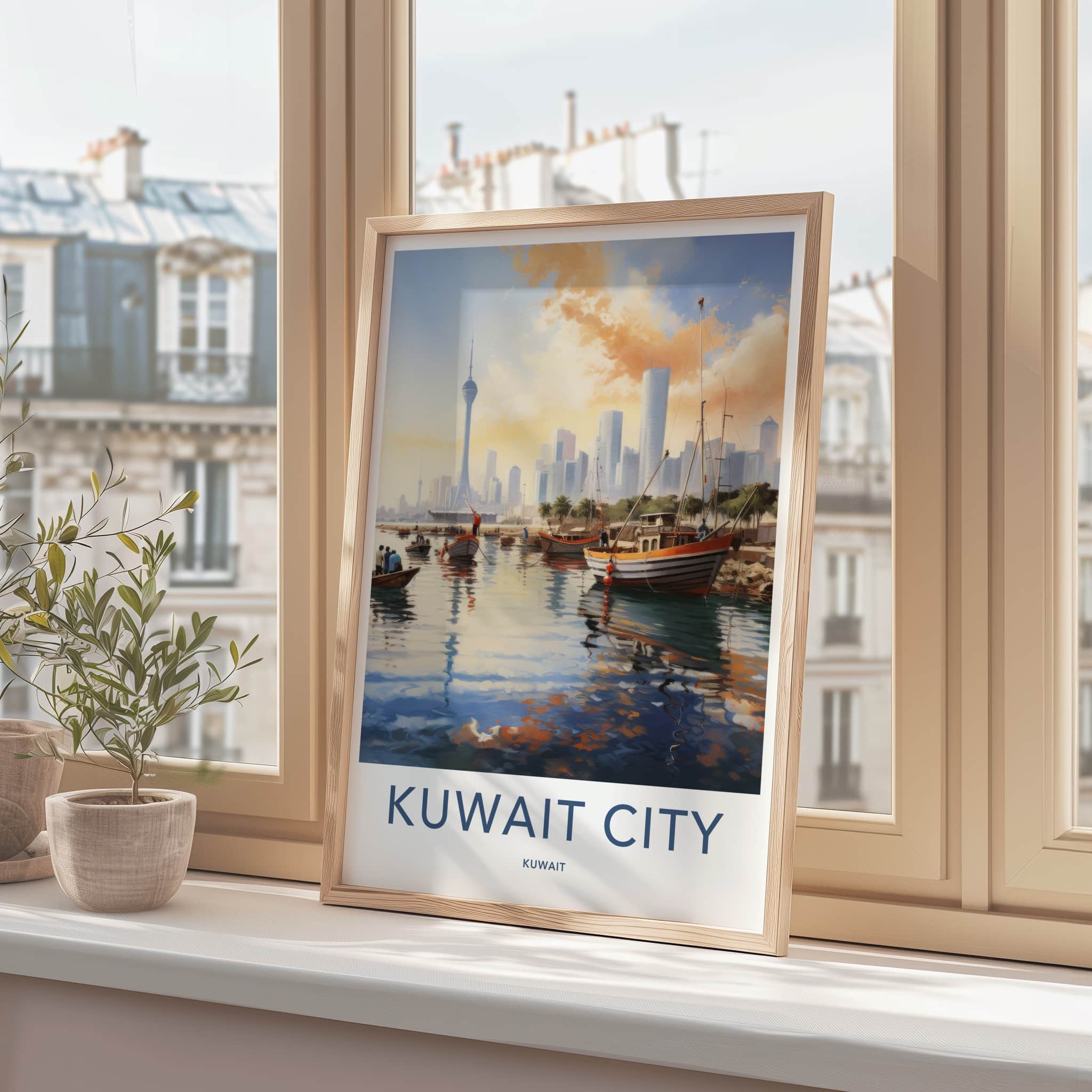 Kuwait City Poster - Kuwait Travel Art - Boats Tower Skyline Home Decor