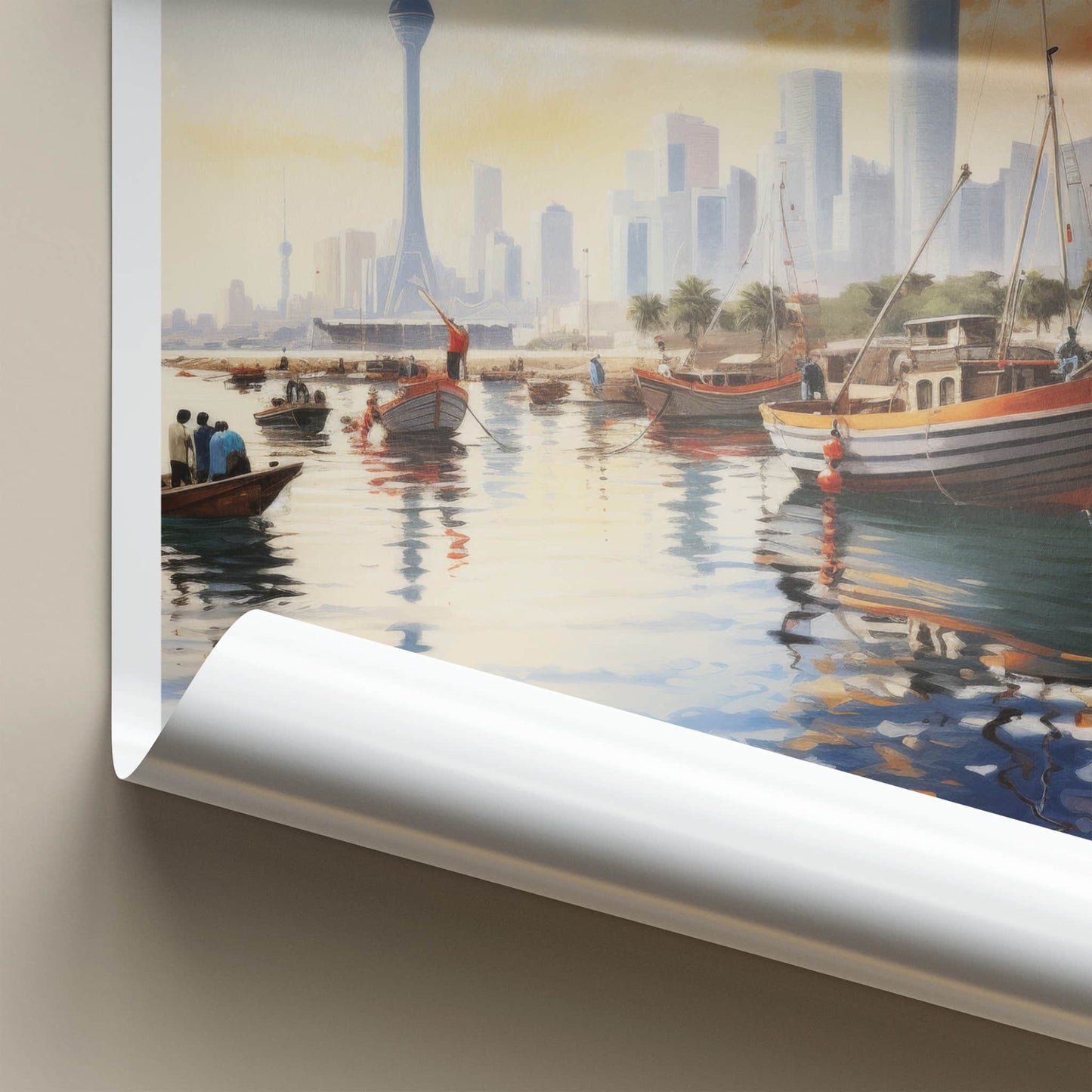 Kuwait City Poster - Kuwait Travel Art - Boats Tower Skyline Home Decor