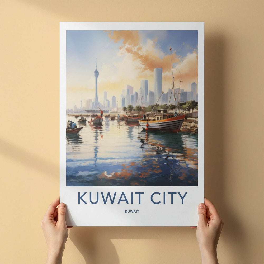 Kuwait City Poster - Kuwait Travel Art - Boats Tower Skyline Home Decor