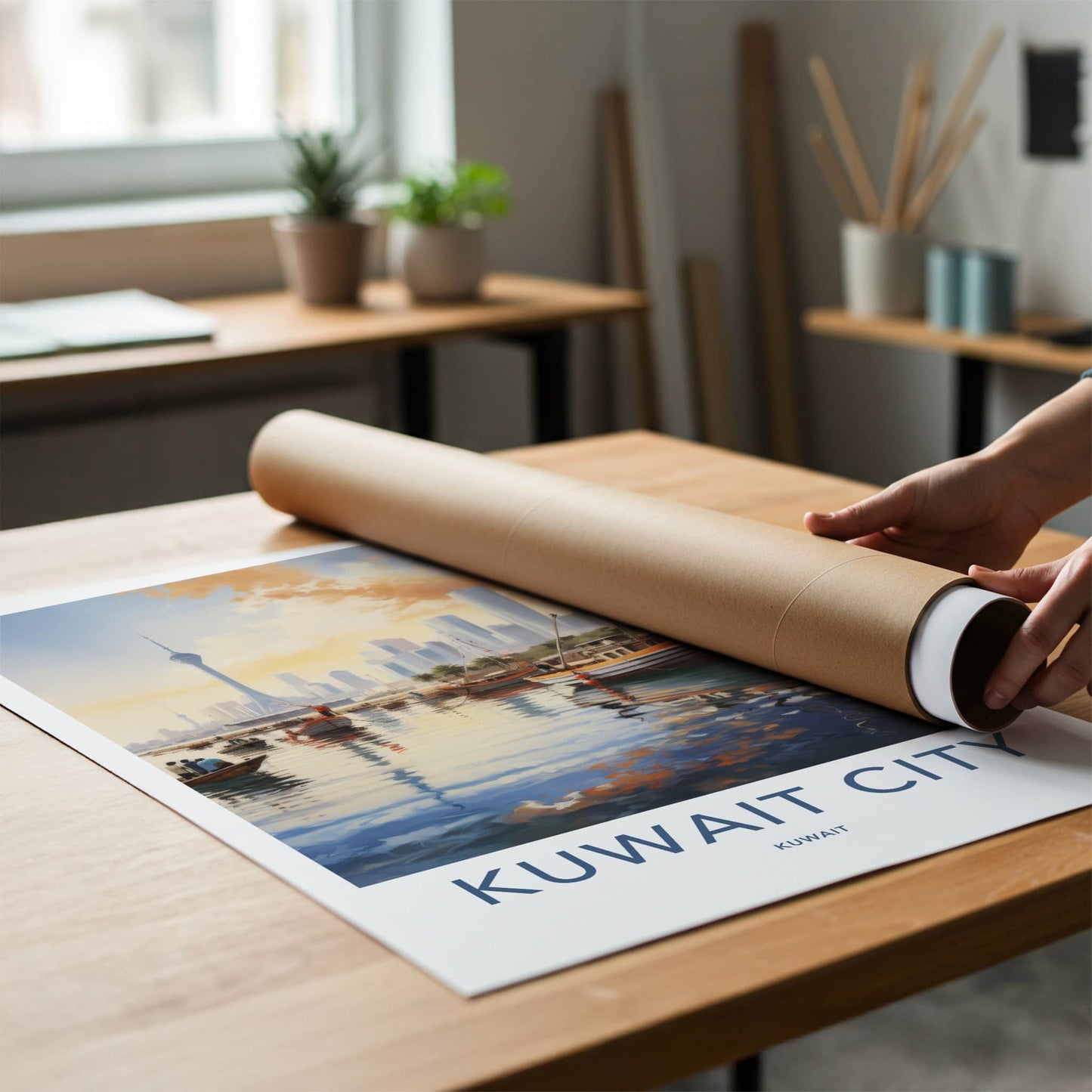 Kuwait City Poster - Kuwait Travel Art - Boats Tower Skyline Home Decor