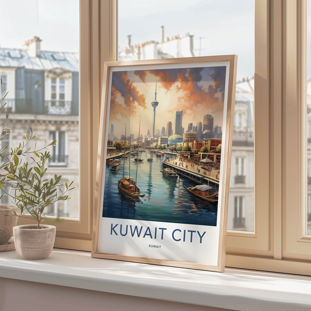 Kuwait City Poster - Kuwait Travel Art - Waterfront City Sunset Home Decor