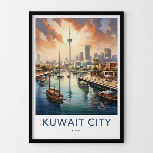 Kuwait City Poster - Kuwait Travel Art - Waterfront City Sunset Home Decor