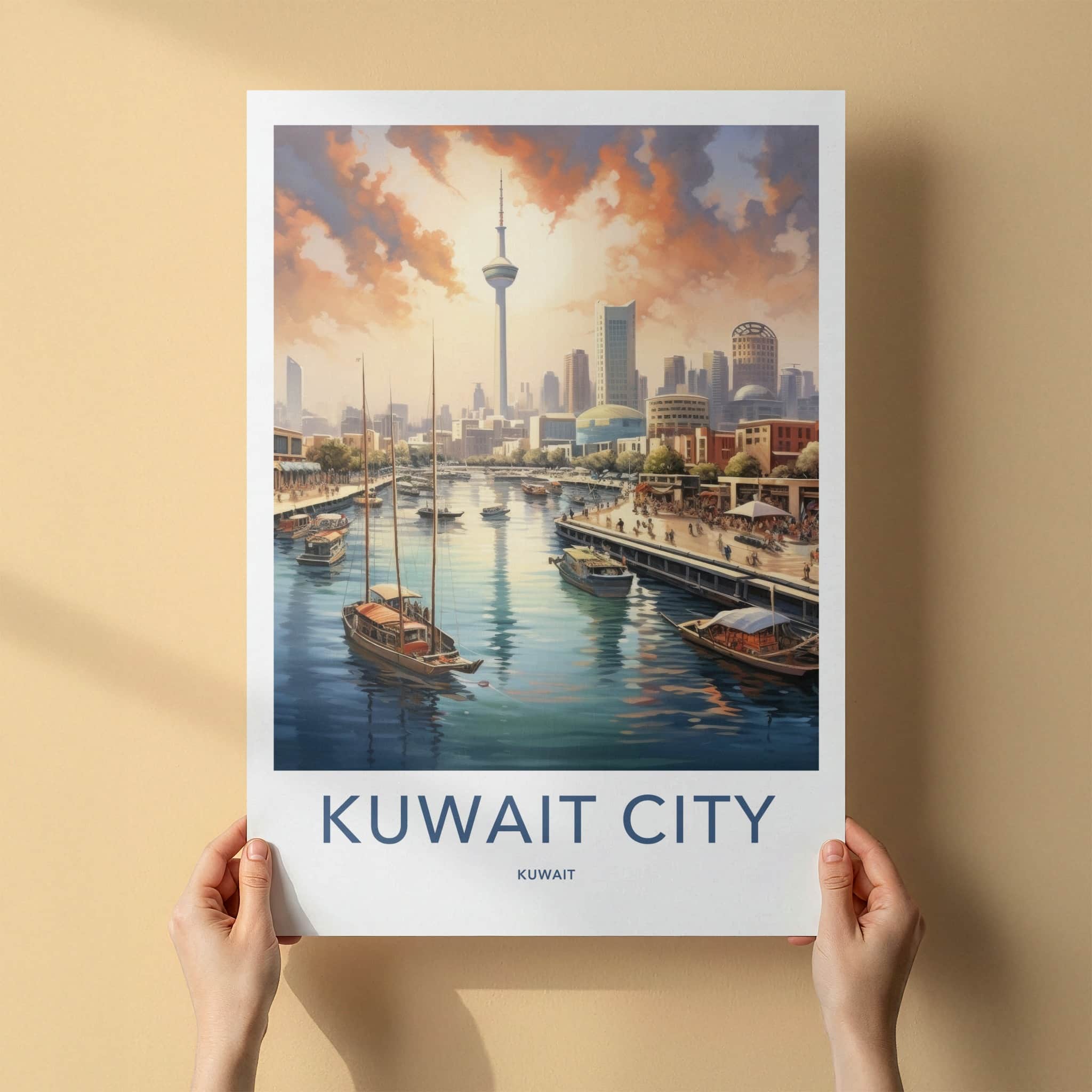 Kuwait City Poster - Kuwait Travel Art - Waterfront City Sunset Home Decor